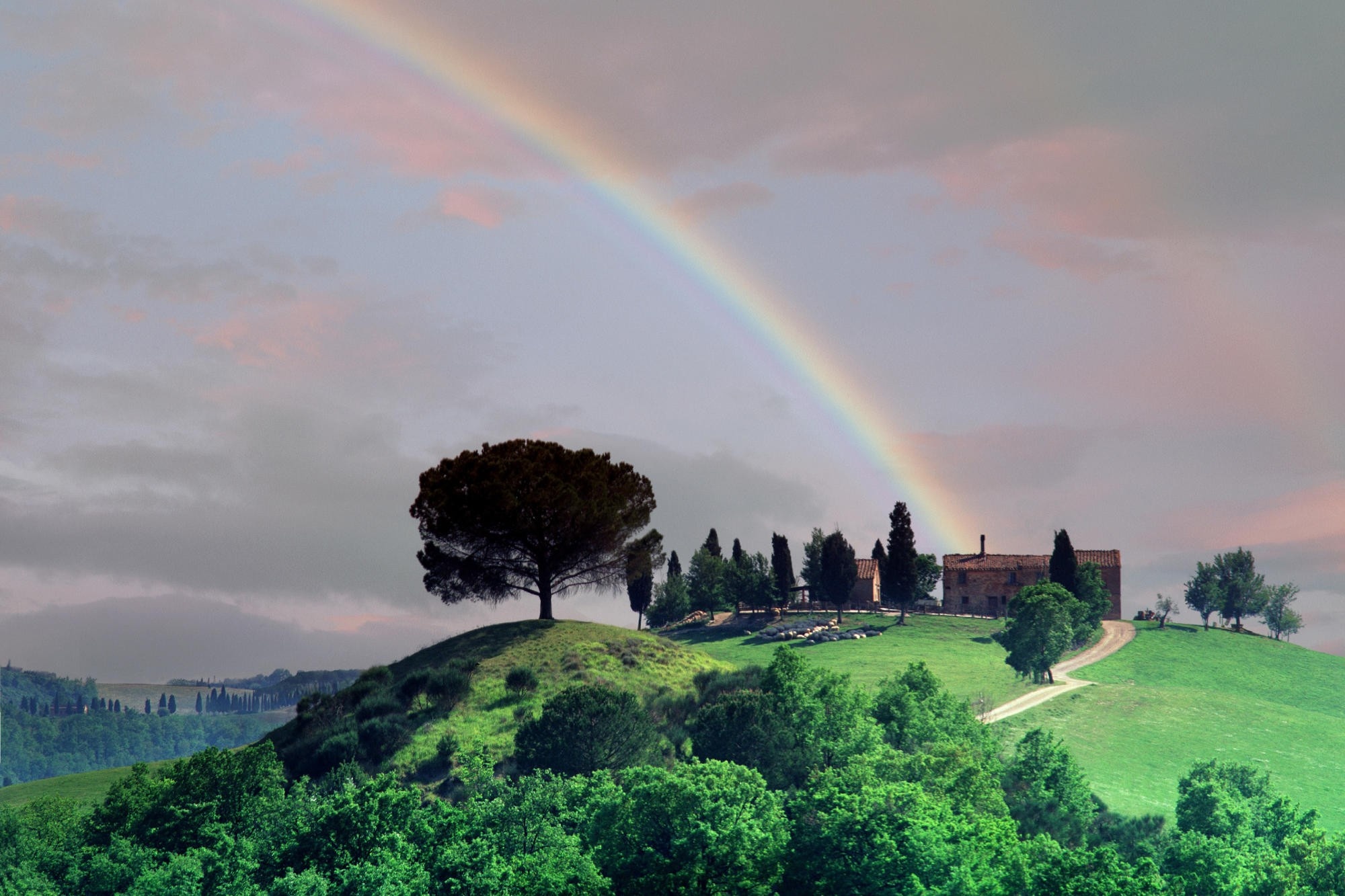 Rainbow over Tuscan hills, Rustic stone farmhouse, Italian stone pine, HD Desktop wallpaper