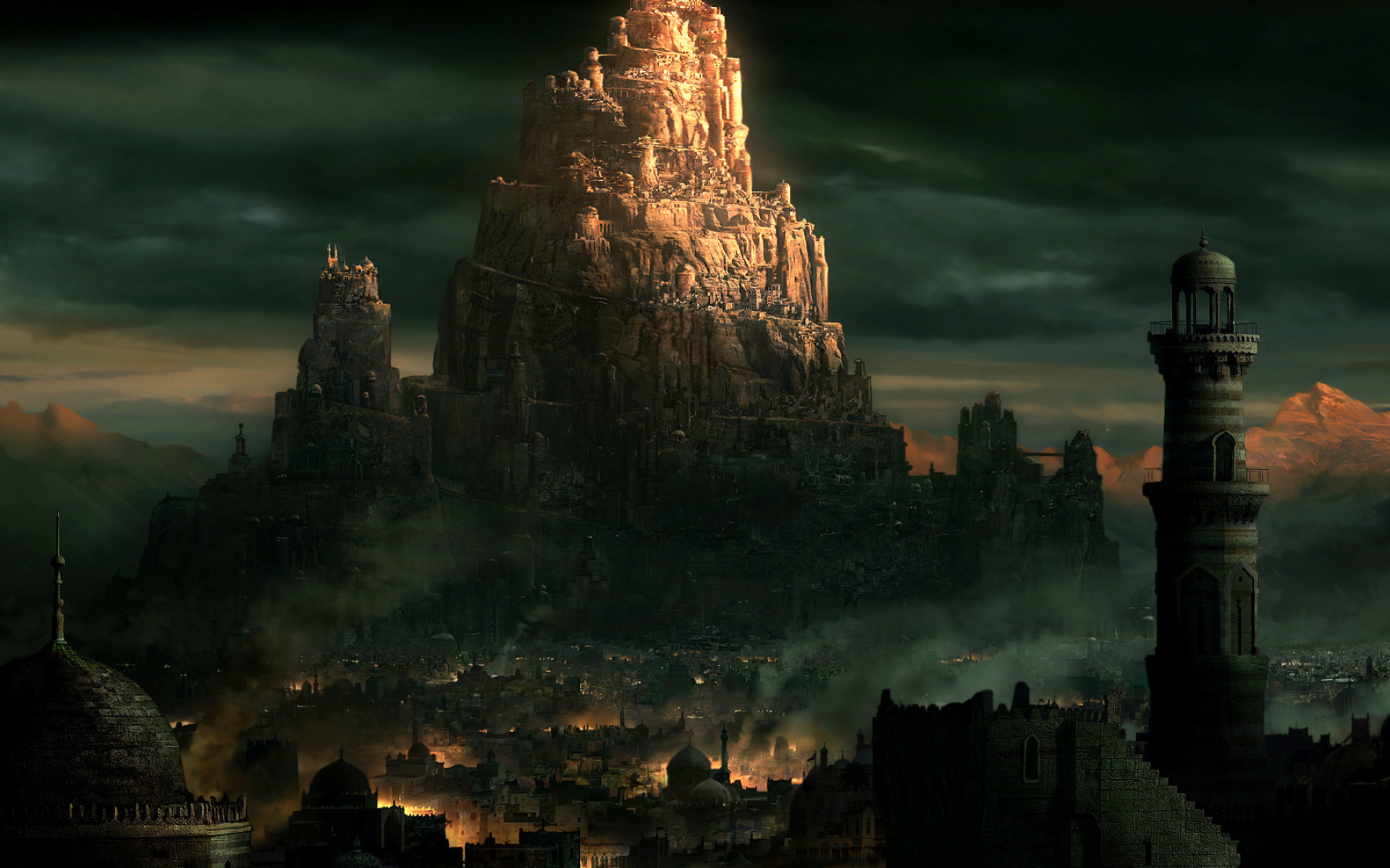 Prince of Persia: The Two Thrones, Tower of Babel, Burning Babylon cityscape, HD Desktop wallpaper