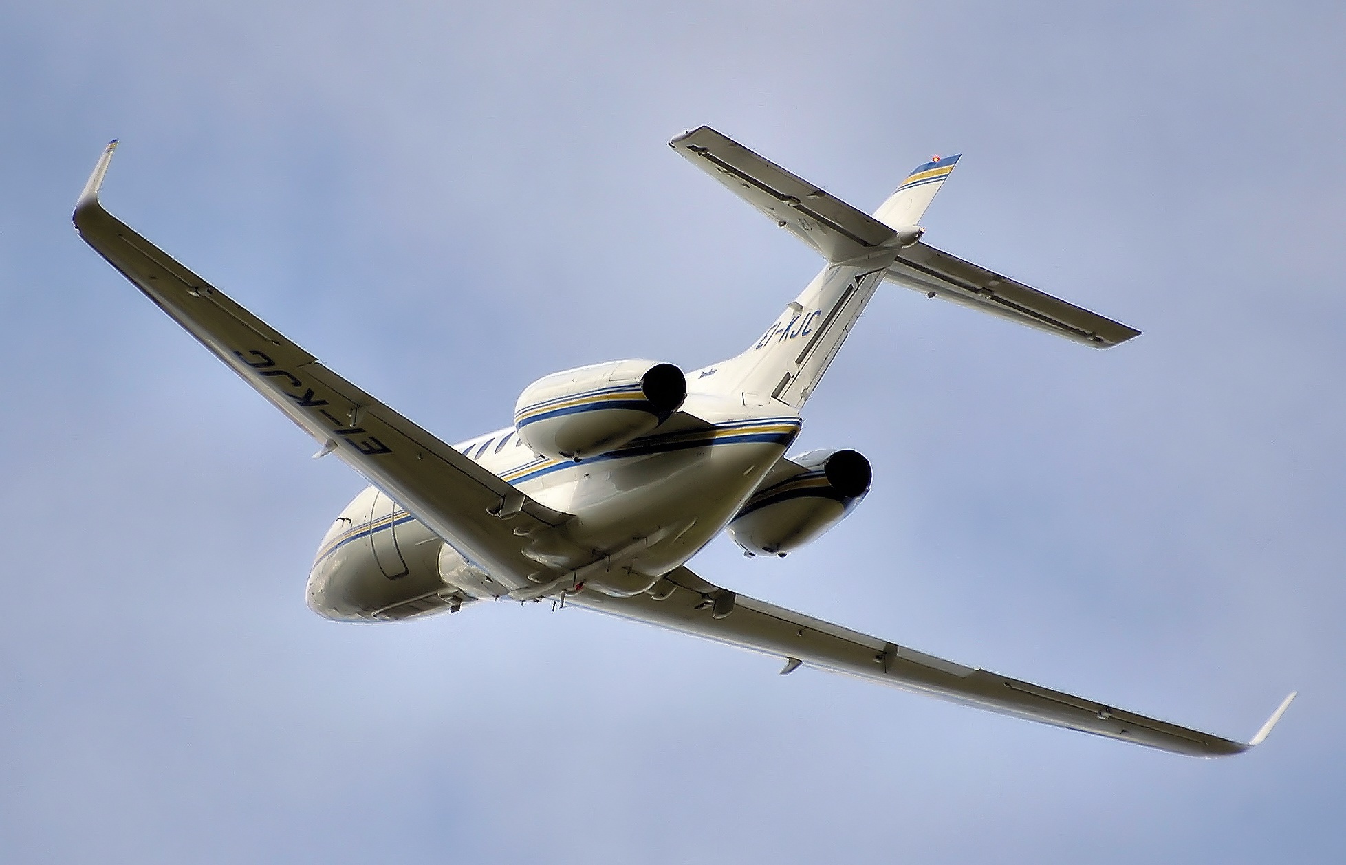 Cessna CitationJet CJ2, Twinjet underside view, Pale blue sky, HD Desktop wallpaper