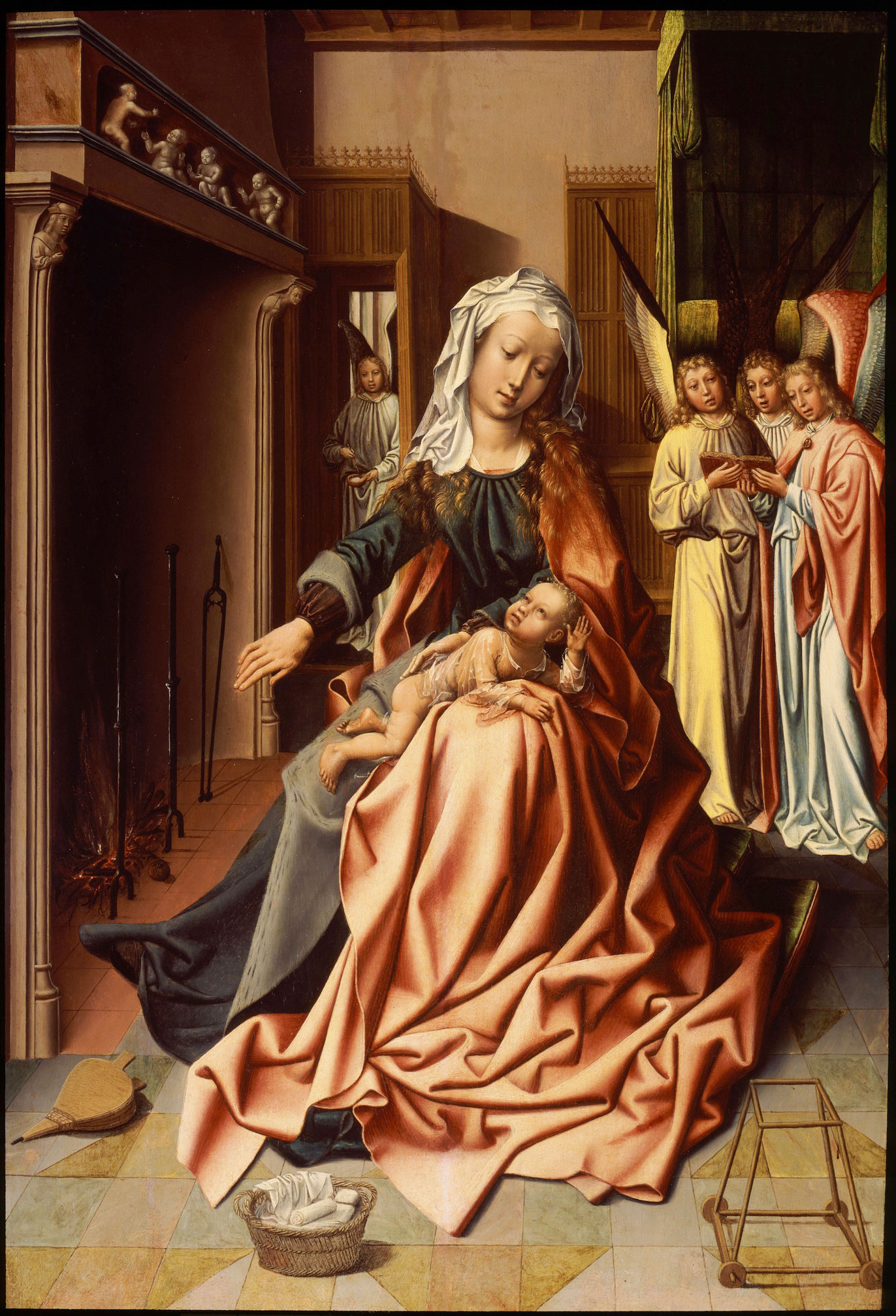 Virgin Mary with Christ Child, Choir of singing angels, Renaissance fireplace hearth, HD Phone wallpaper