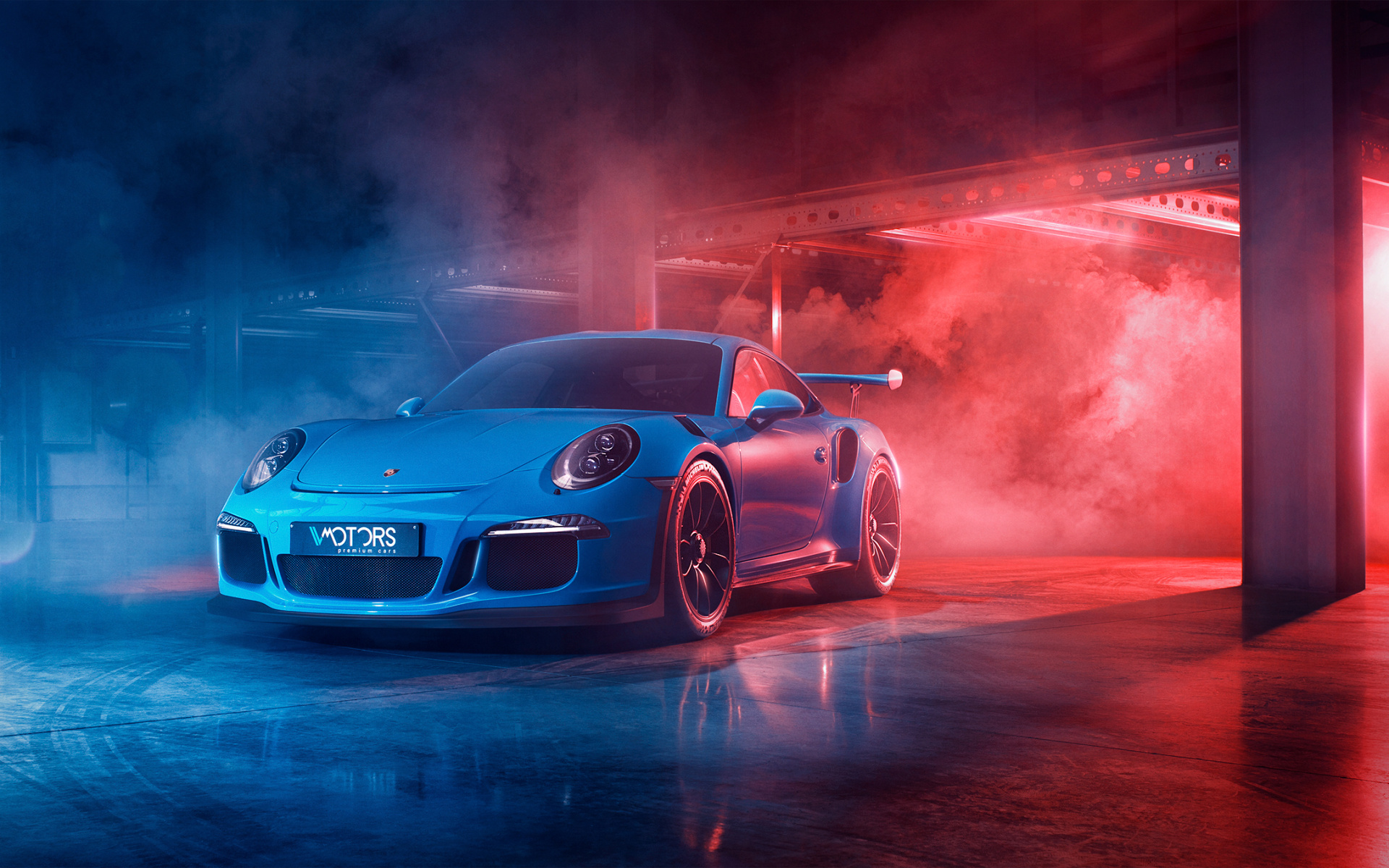 Porsche 911 GT3 RS, MOTORS premium cars, red and blue smoke, HD Desktop wallpaper