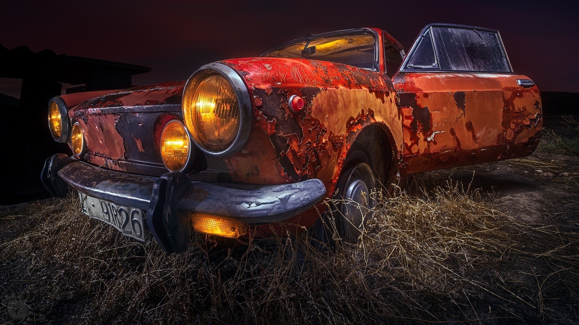 Fiat 850 Sport Coupe, rusted red car, illuminated round headlights, Full HD Desktop wallpaper