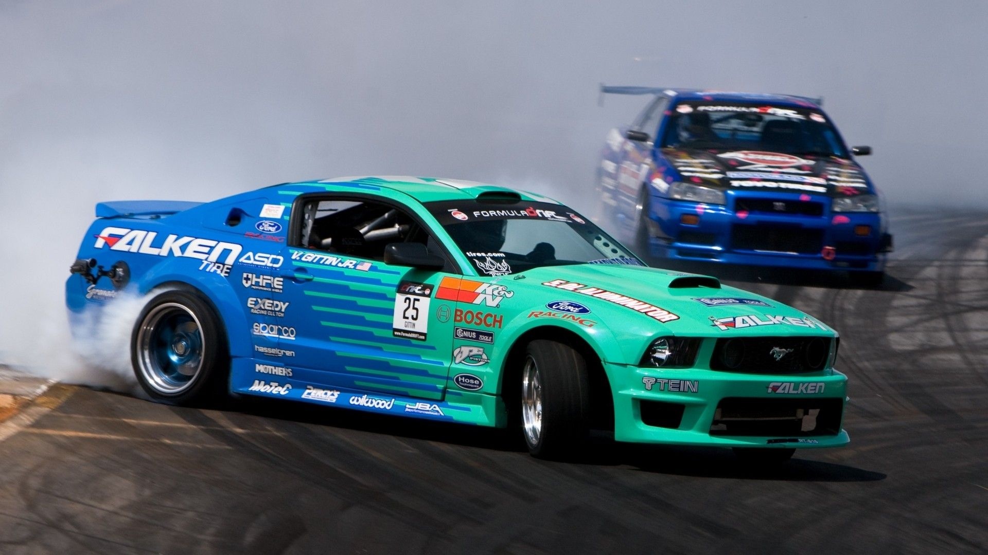 Falken Ford Mustang drift car, Nissan Skyline GT-R R34, drifting tire smoke, Formula Drift track, Full HD Desktop wallpaper