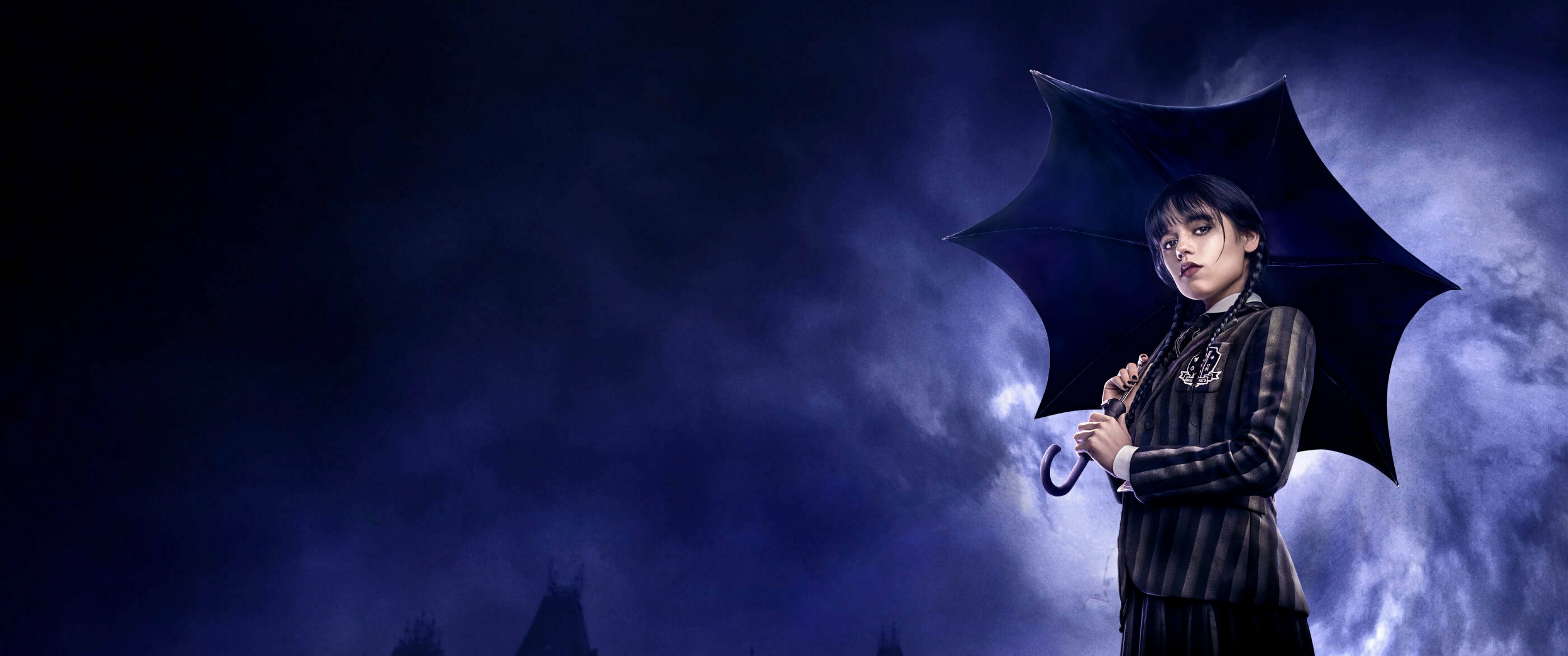 Wednesday Addams, Nevermore Academy uniform, black umbrella, Dual Screen Desktop wallpaper