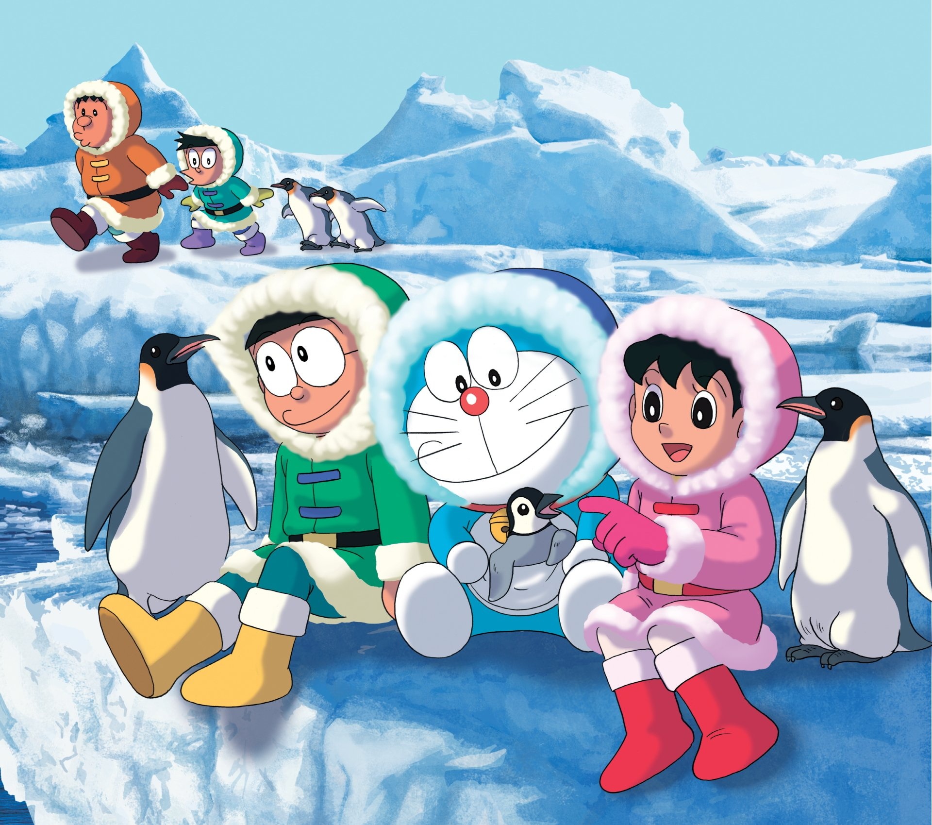 Doraemon, Nobita Nobi, Shizuka Minamoto, Takeshi Gian Goda, Antarctic penguins, HD Desktop wallpaper