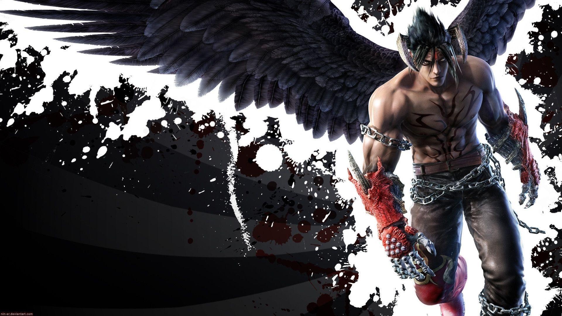Devil Jin, black feathered wings, red spiked gauntlets, Full HD Desktop wallpaper