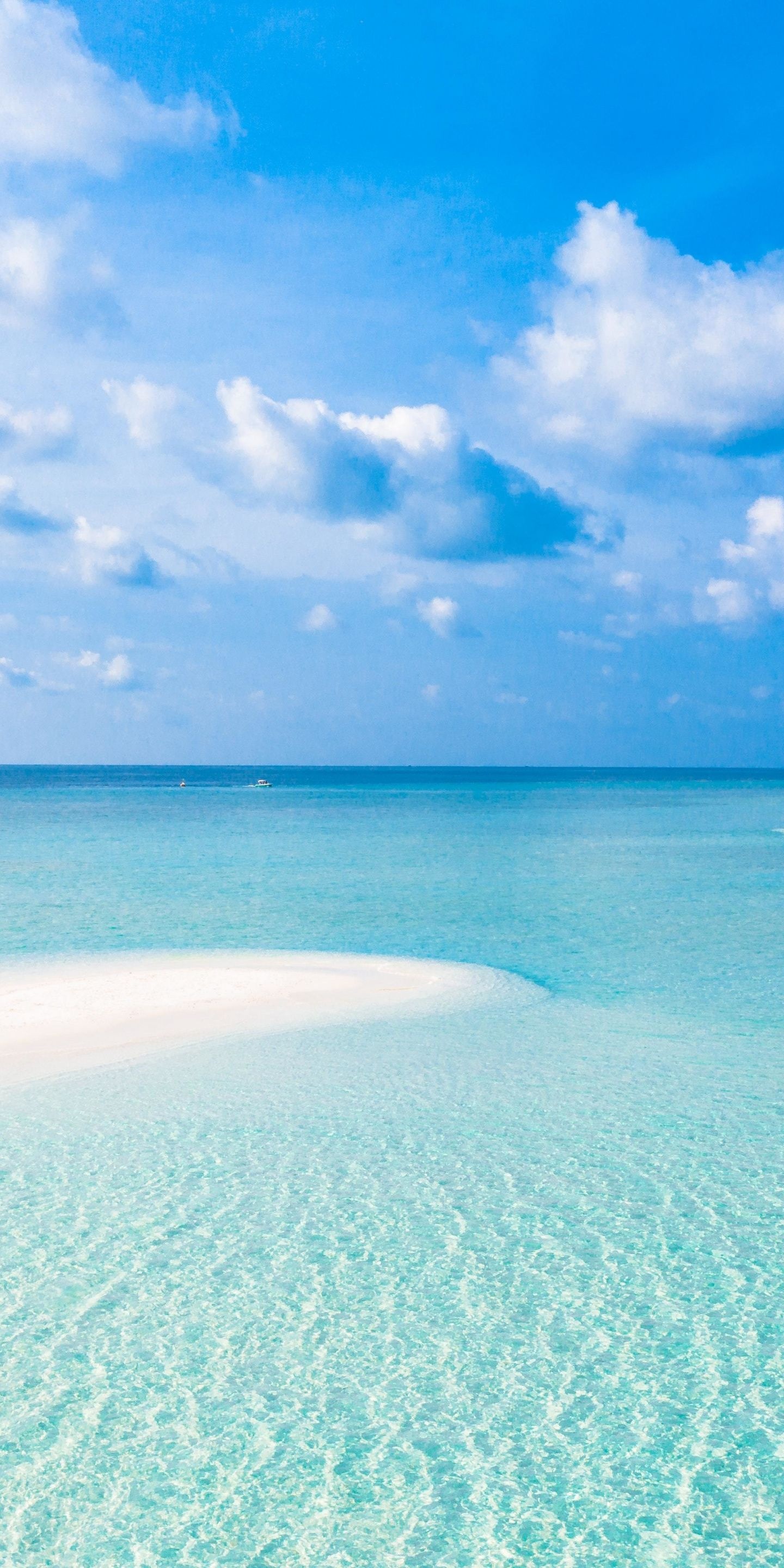 Shallow turquoise ocean water, White tropical sandbar, Sunny blue sky clouds, HD Phone wallpaper
