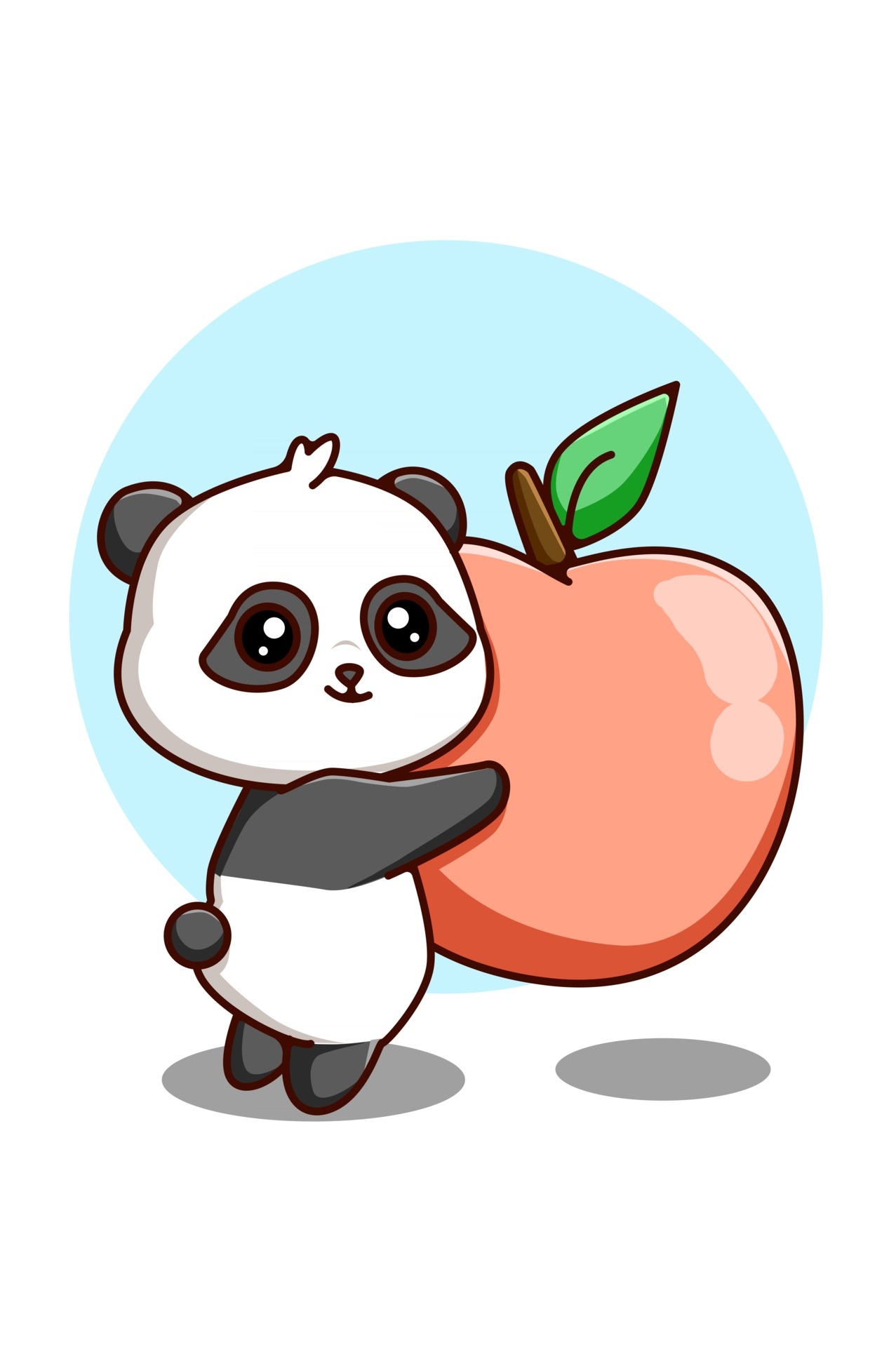 Kawaii cartoon panda, Giant peach fruit, Light blue circle backdrop, HD Phone wallpaper