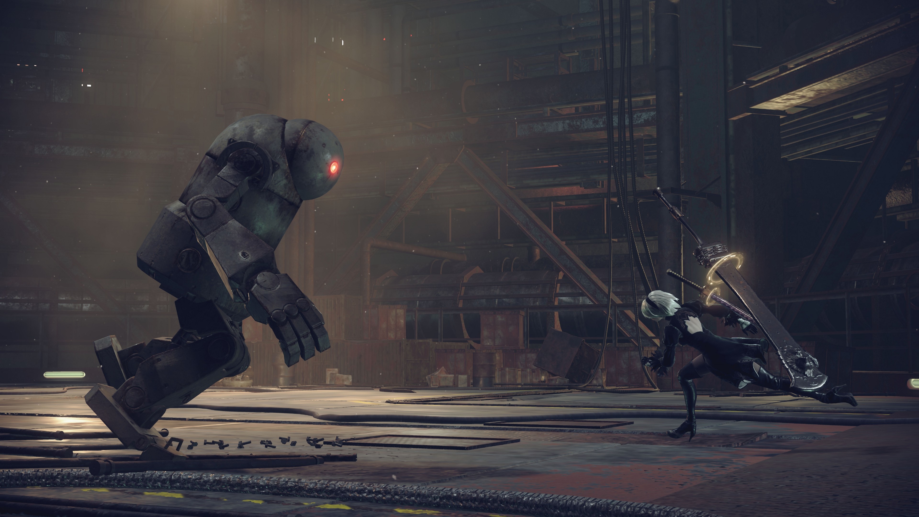 YoRHa No.2 Type B, NieR:Automata Machine Lifeform, Abandoned Factory environment, 4K Desktop wallpaper