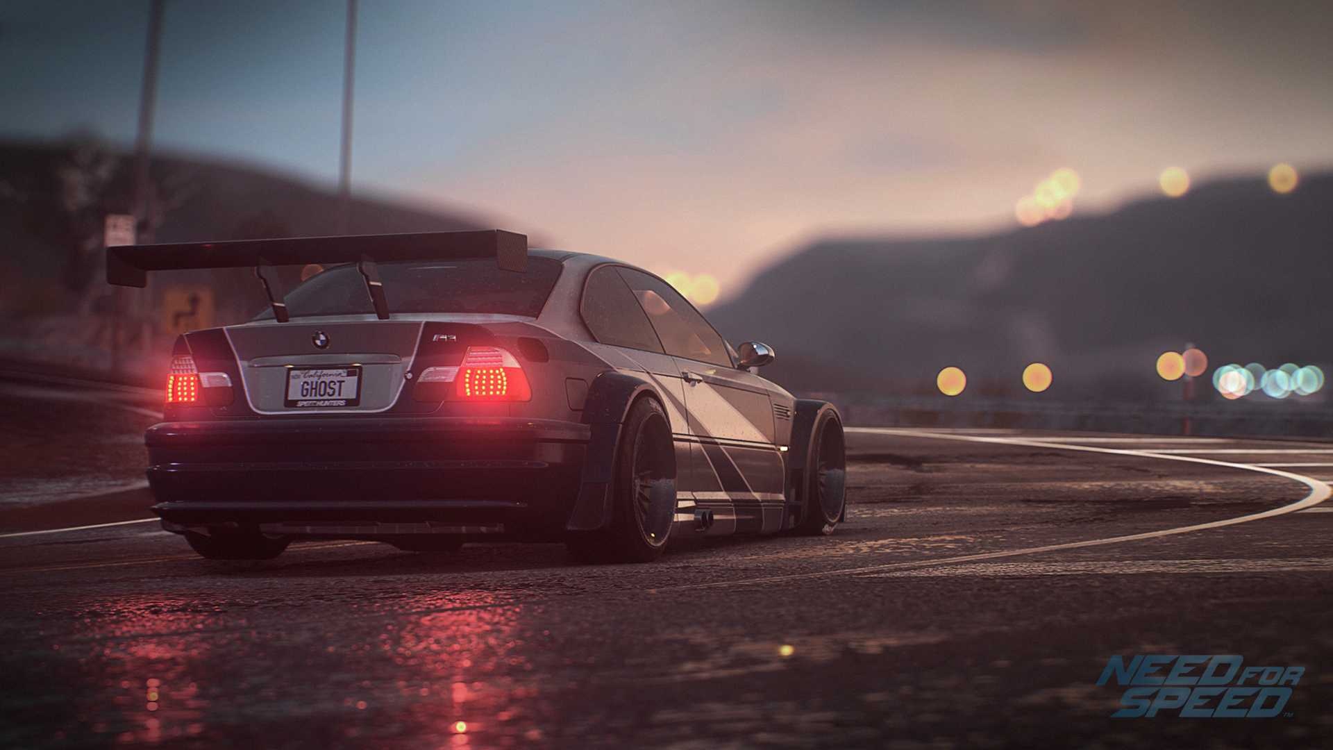 BMW M3 GTR E46, Need for Speed logo, wet mountain road, Full HD Desktop wallpaper