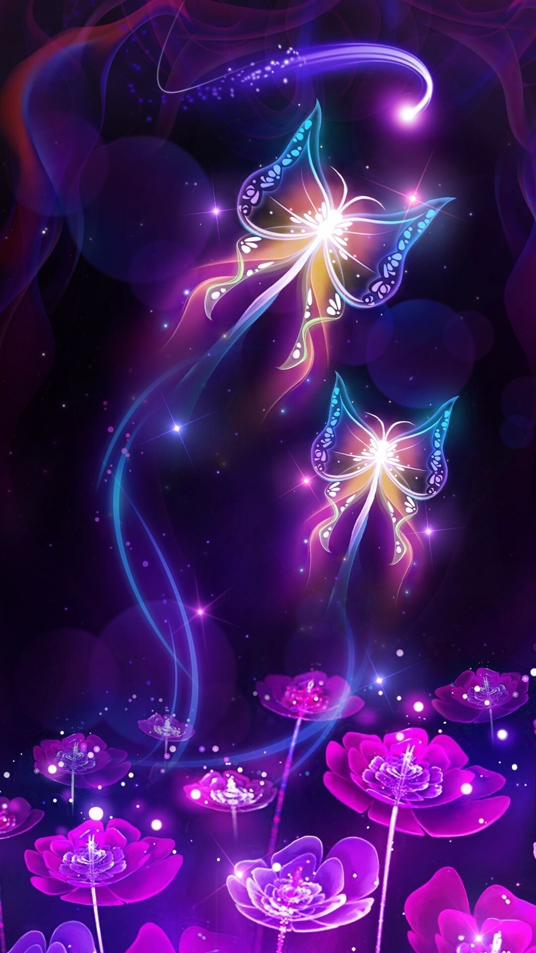 Flowers and butterflies, Glow in the Dark Wallpaper, 1080x1920 Full HD Phone