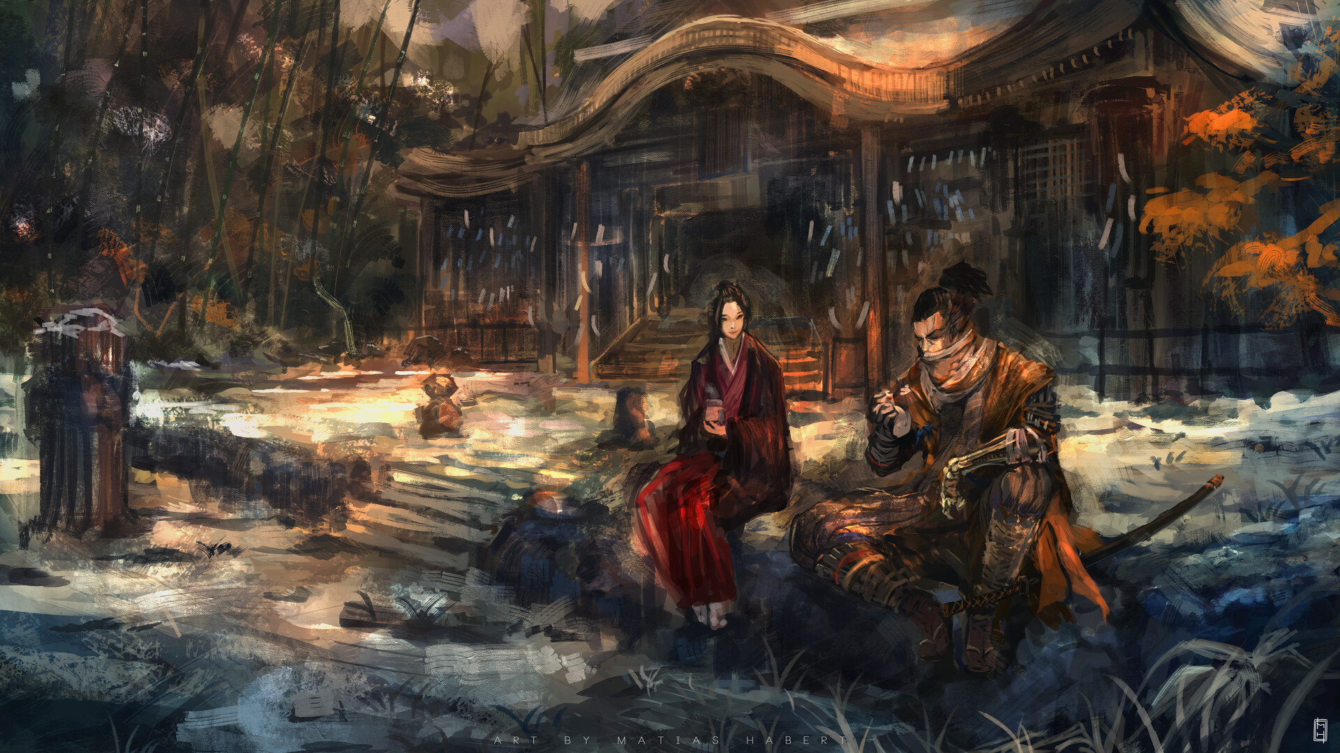 Sekiro, Emma the Gentle Blade, Dilapidated Temple, Art By Matias Habert, Full HD Desktop wallpaper