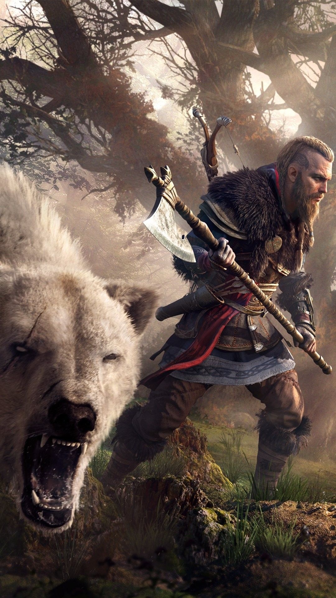 Eivor holding bearded axe, Roaring scarred white bear, Assassin's Creed Valhalla woodland, Full HD Phone wallpaper