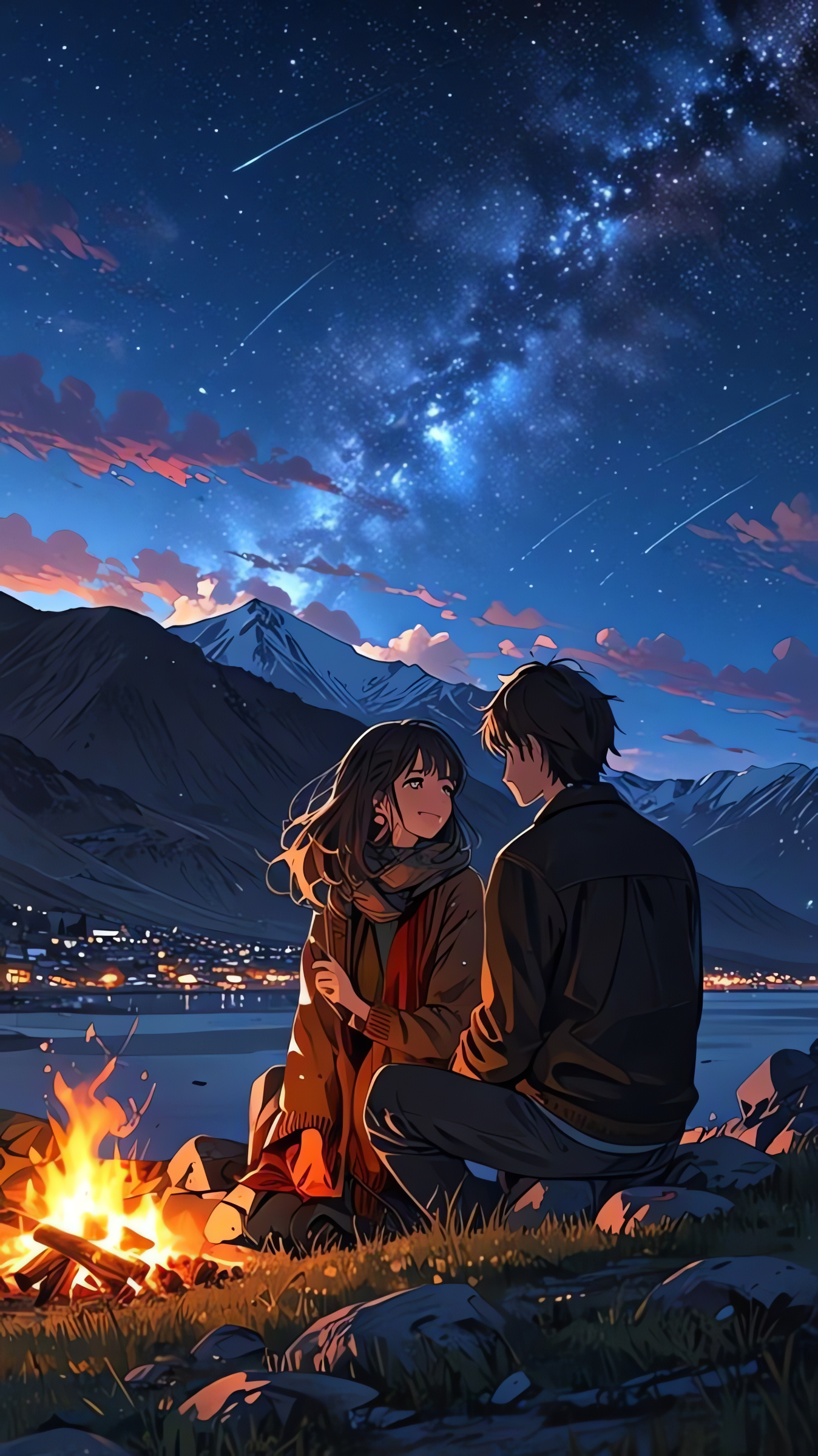 Sunset Date, Anime Couple Wallpaper, Mountain Town, Lake Campfire, 2400p