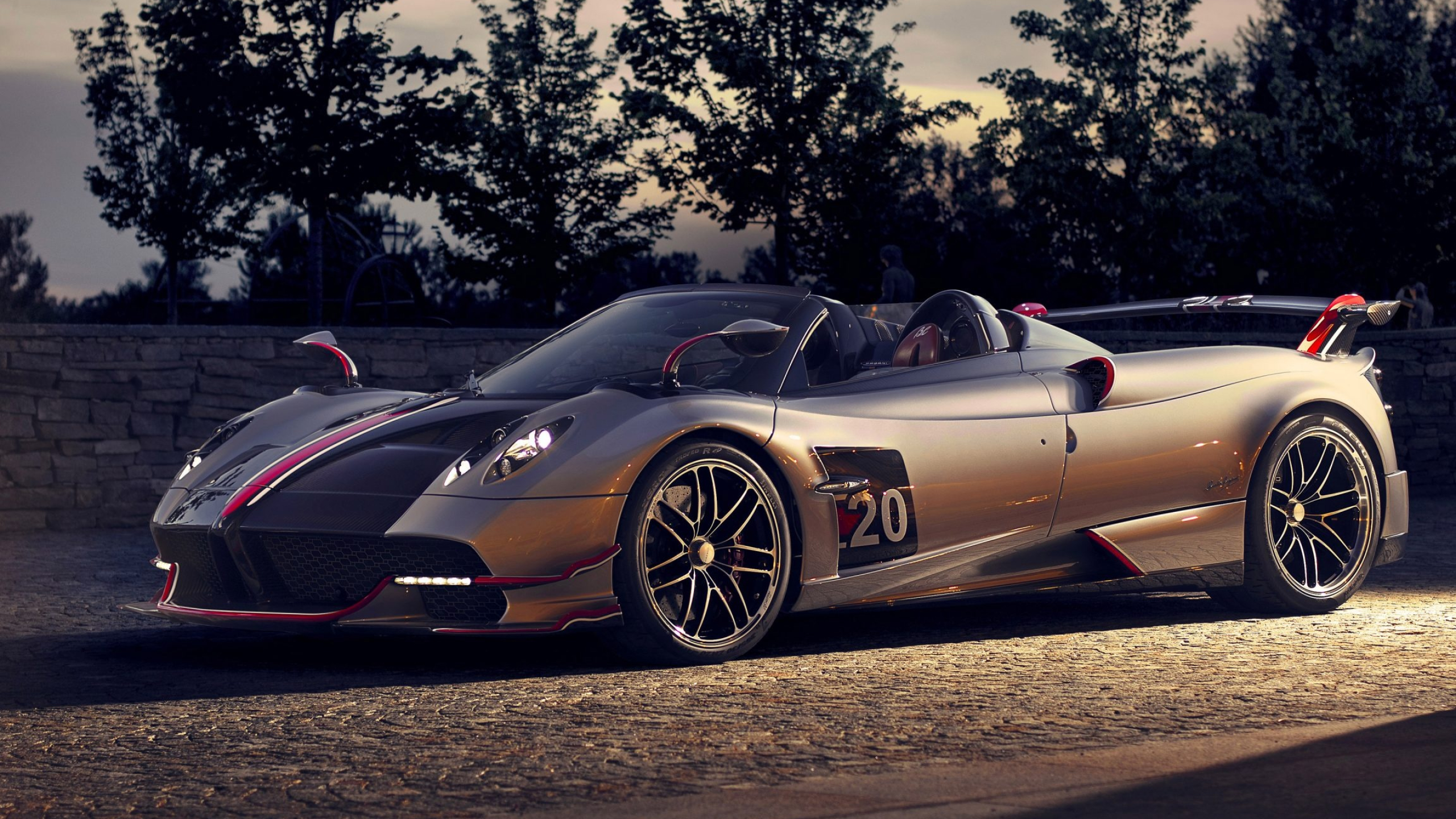 Pagani Huayra Roadster BC, Cobblestone driveway, Dusk tree landscape, HD Desktop wallpaper
