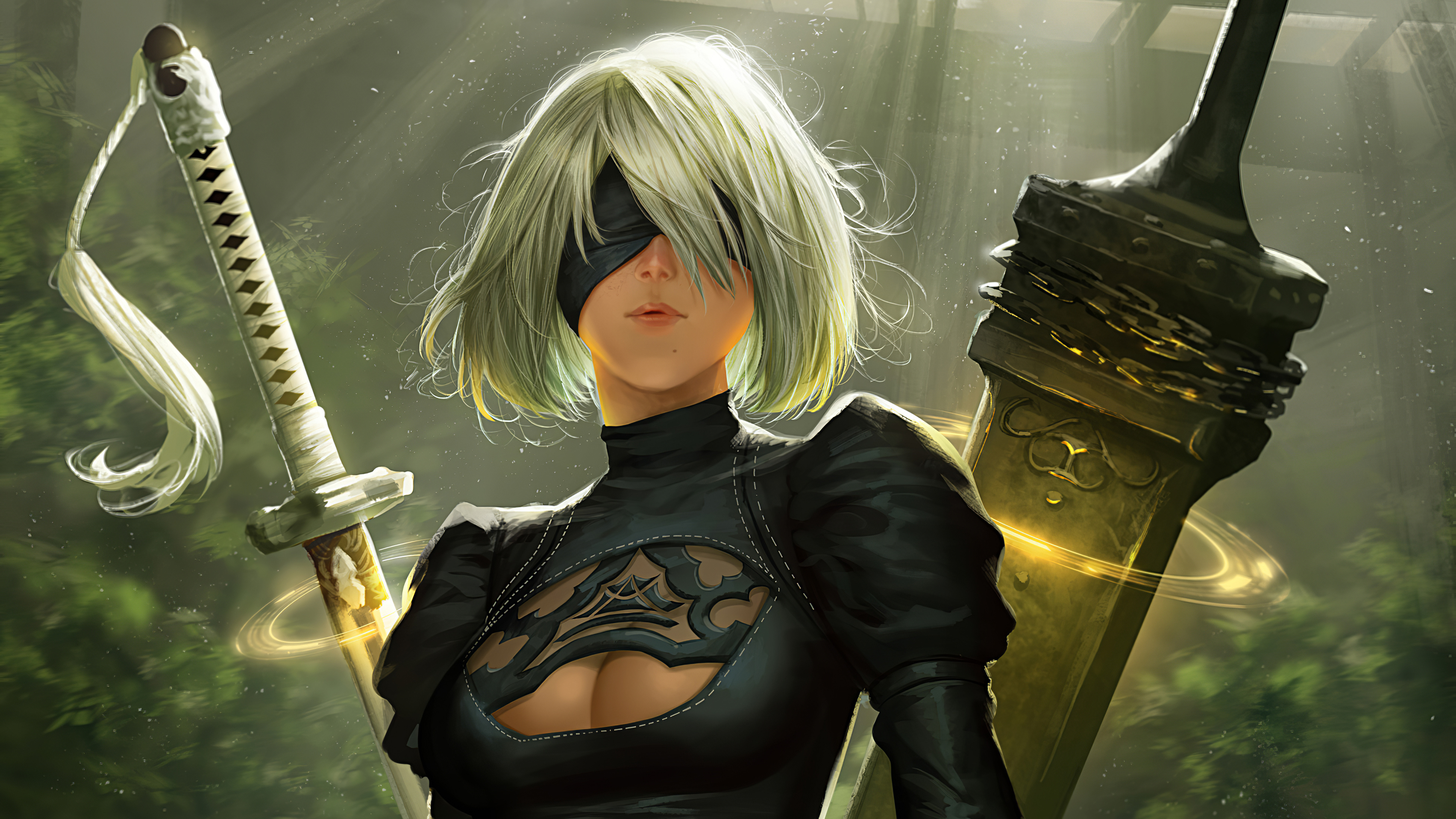 2B NieR:Automata, Virtuous Contract sword, Overgrown forest canopy, 4K Desktop wallpaper