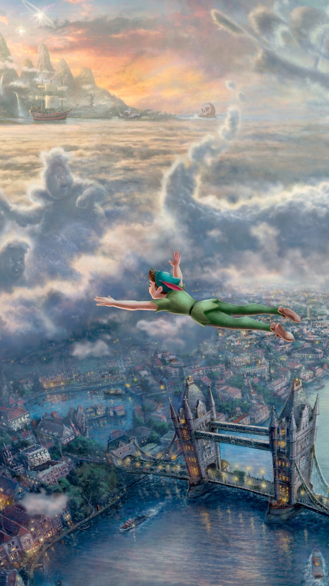 Peter Pan, Tower Bridge, Neverland landscape, Full HD Phone wallpaper