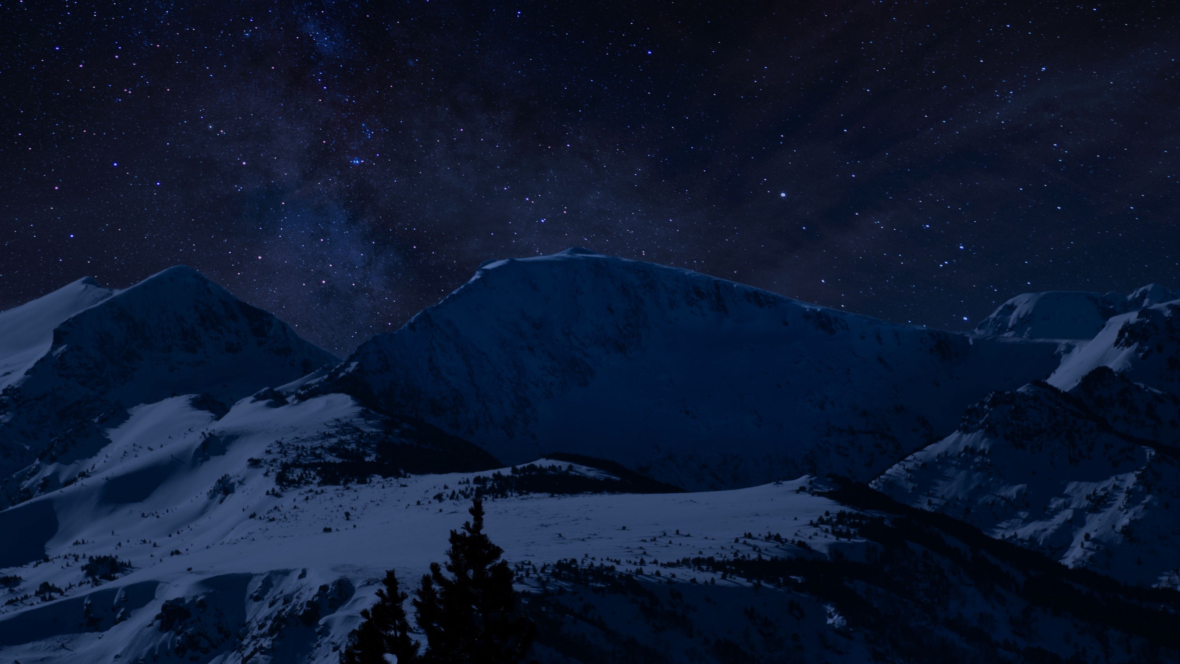 Mountains, Starry Sky, Snowy Night, Nature, Scenic, 3840x2160 4K Desktop