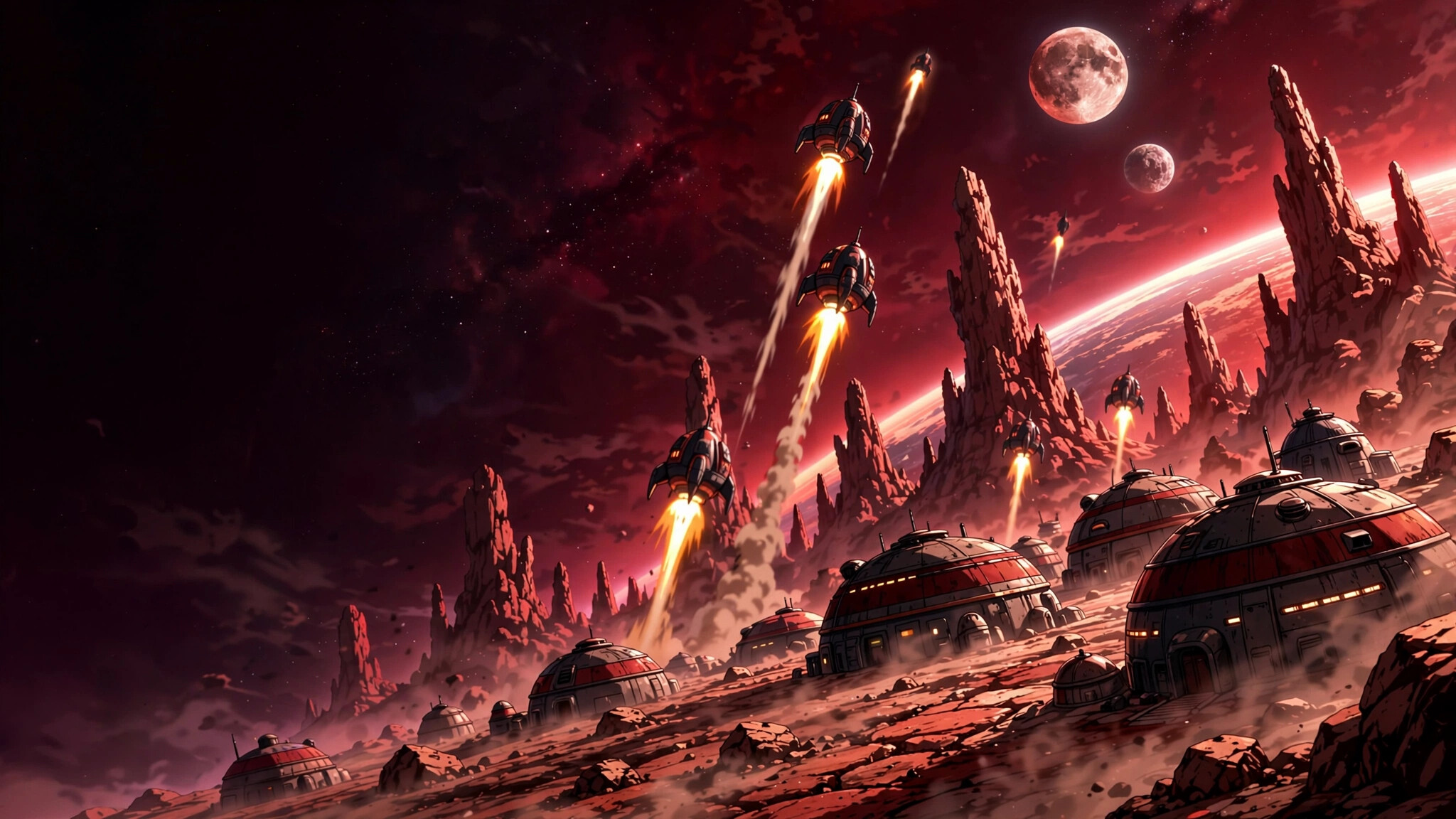 Planet Vegeta, Crimson sky, Saiyan attack pods, Dome buildings, Two moons, Dragon Ball Z, HD Desktop wallpaper