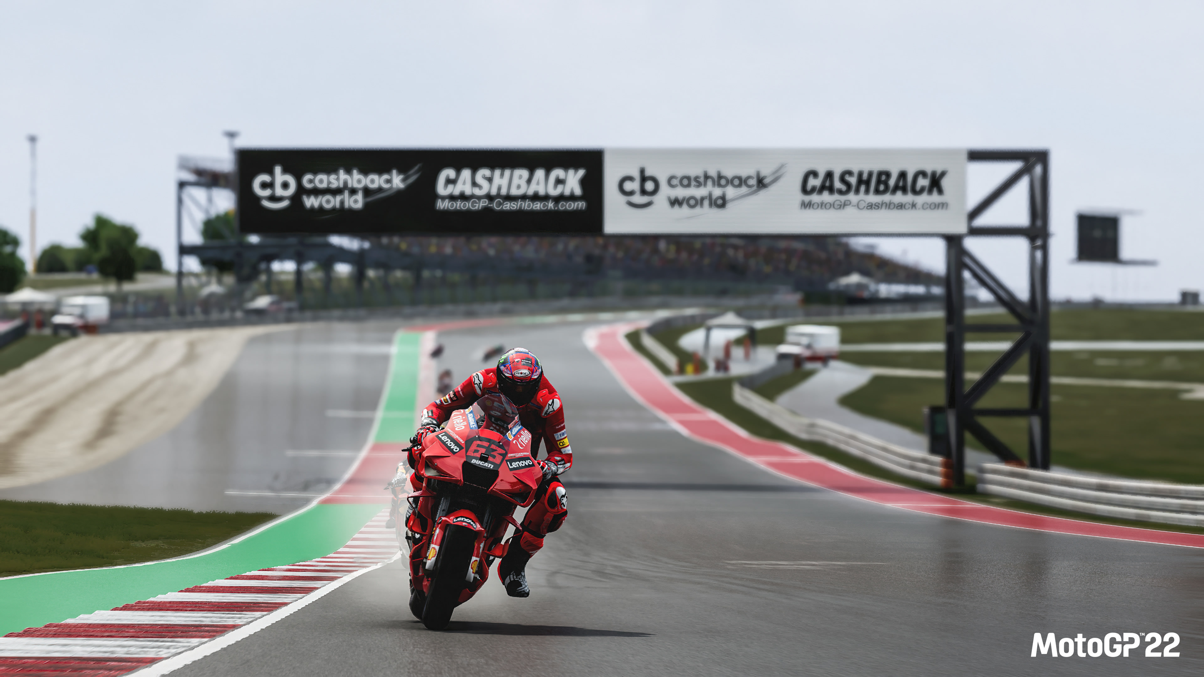 Francesco Bagnaia Ducati Desmosedici, MotoGP 22, Overhead racetrack gantry sign, 4K Desktop wallpaper