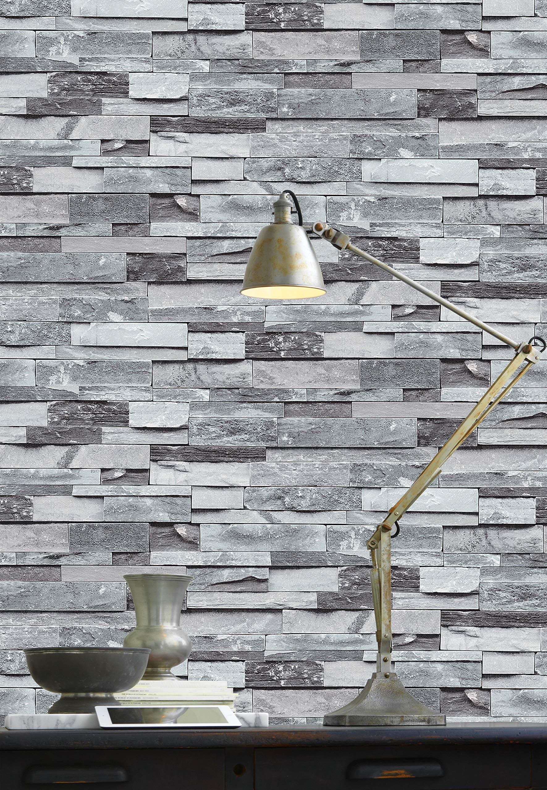 Faux stone brick wallpaper, Grey/Brown/Lake Green, Embossed, Multi brick blocks, 1780x2560 HD Phone