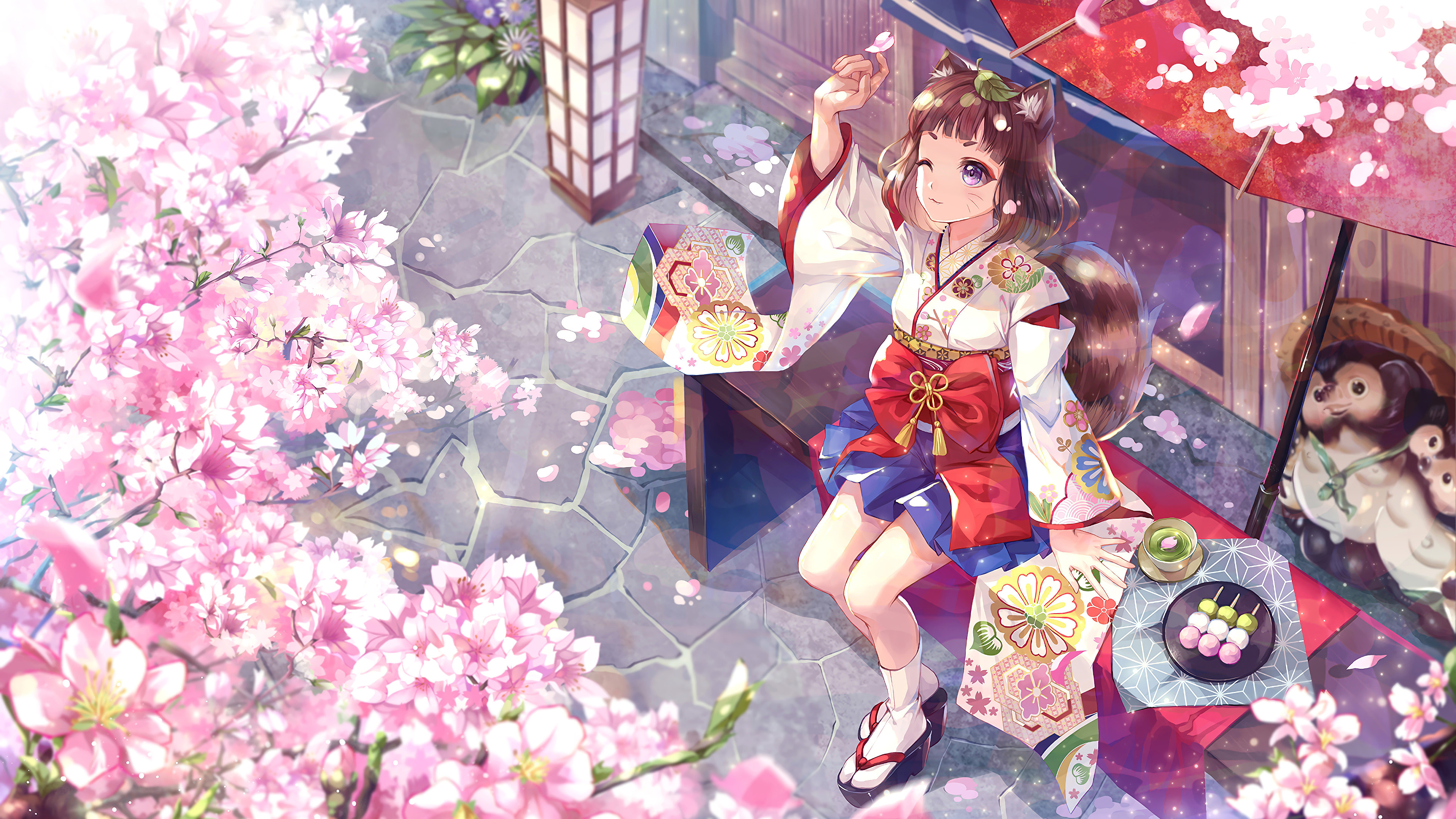 Anime tanuki girl in kimono, Blooming pink cherry blossoms, Hanami dango and green tea, Shigaraki tanuki statue, 4K Desktop wallpaper