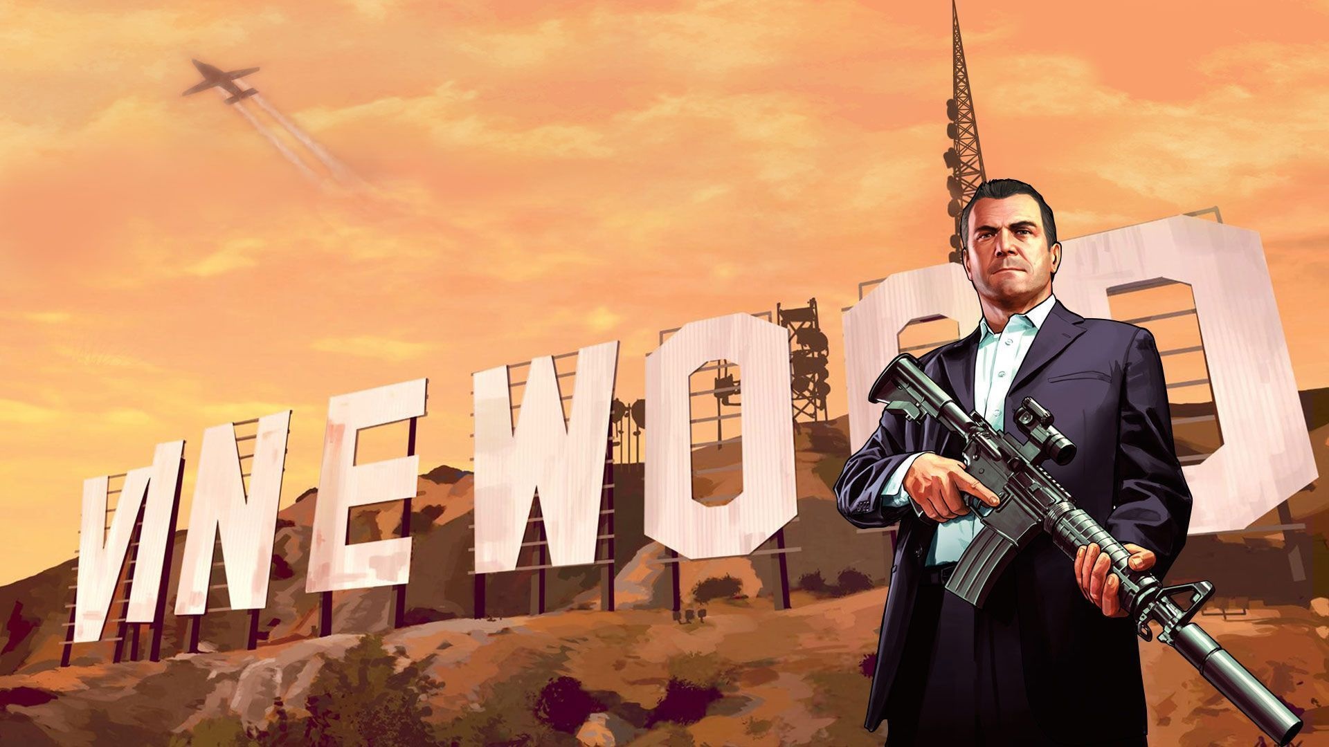 Michael De Santa in navy suit, Vinewood sign, Carbine rifle, Grand Theft Auto V artwork, Full HD Desktop wallpaper