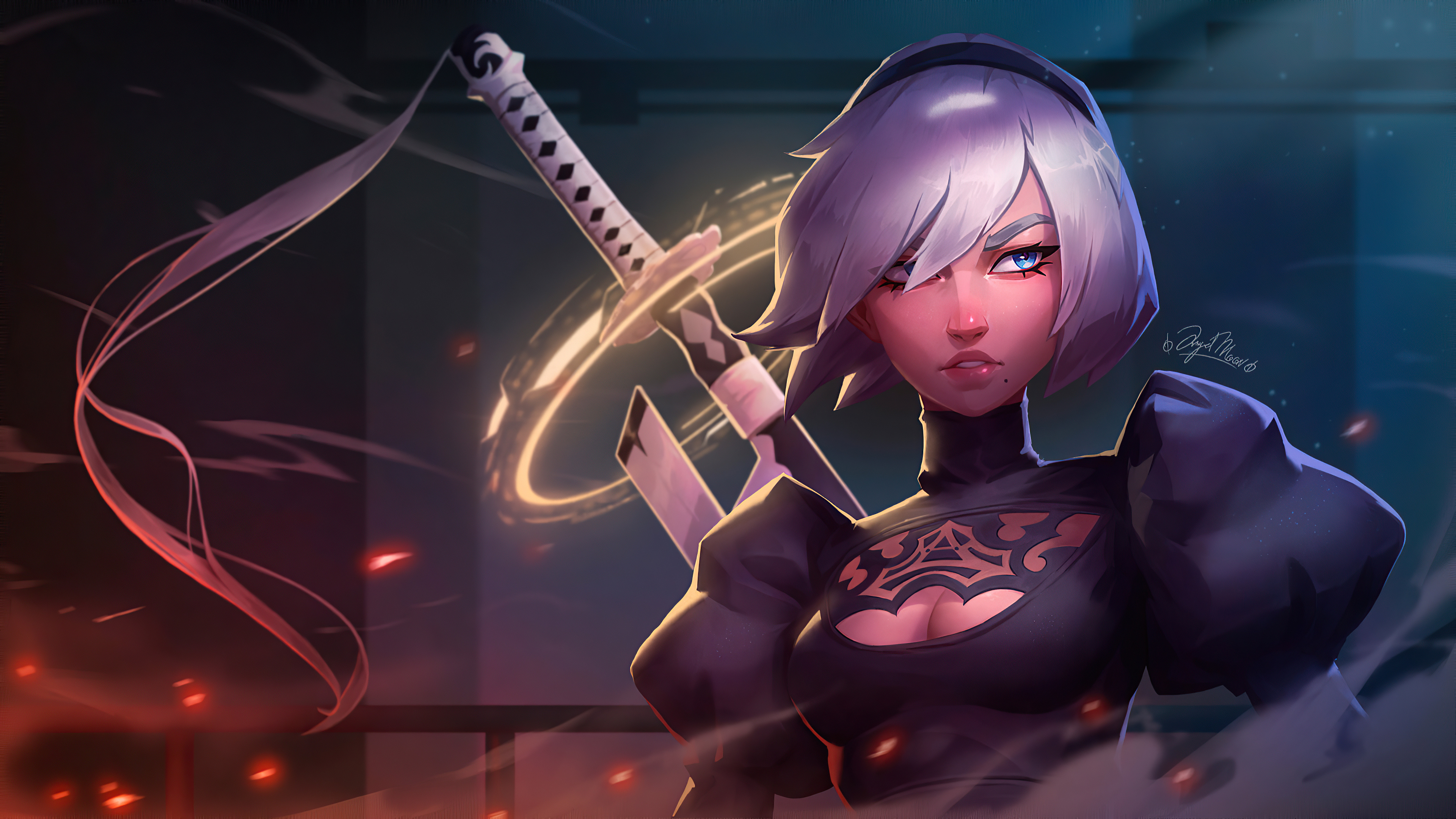 YoRHa No. 2 Type B, Virtuous Contract katana, NieR:Automata, 4K Desktop wallpaper