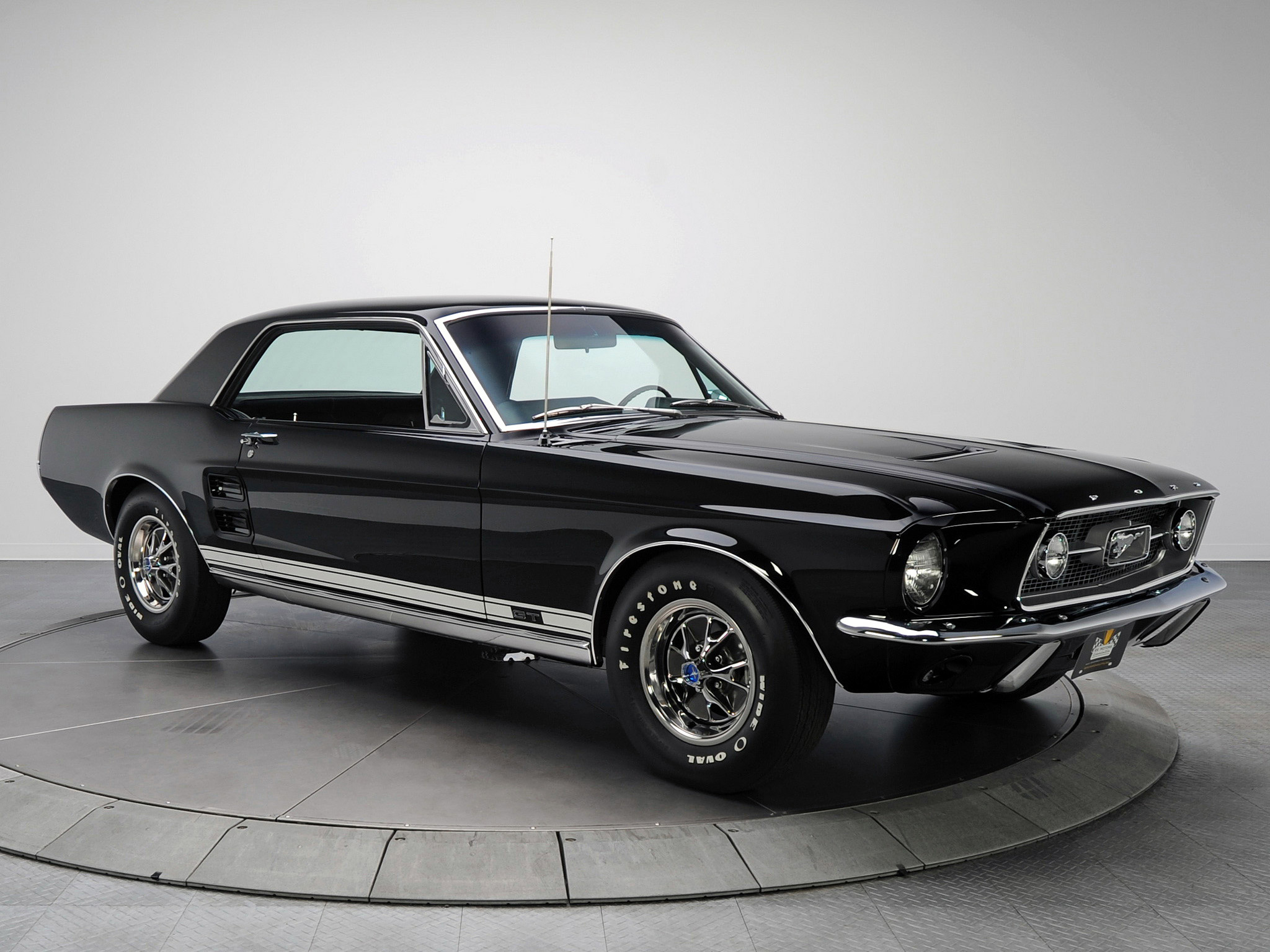 1967 Ford Mustang GT Coupe, Firestone Wide Oval tires, Studio turntable platform, HD Desktop wallpaper