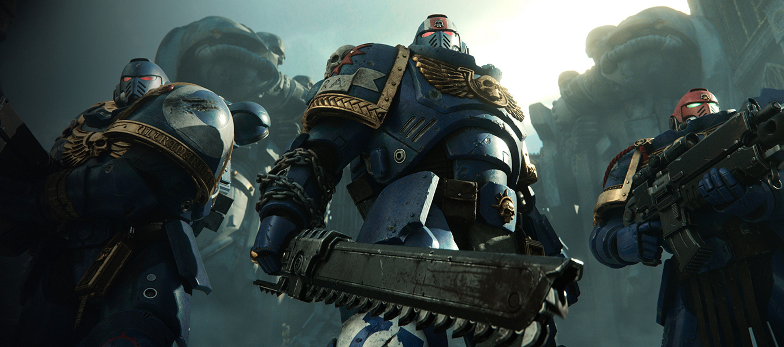 Lieutenant Demetrian Titus, Ultramarines Power Armour, Astartes chainsword, Dual Screen Desktop wallpaper