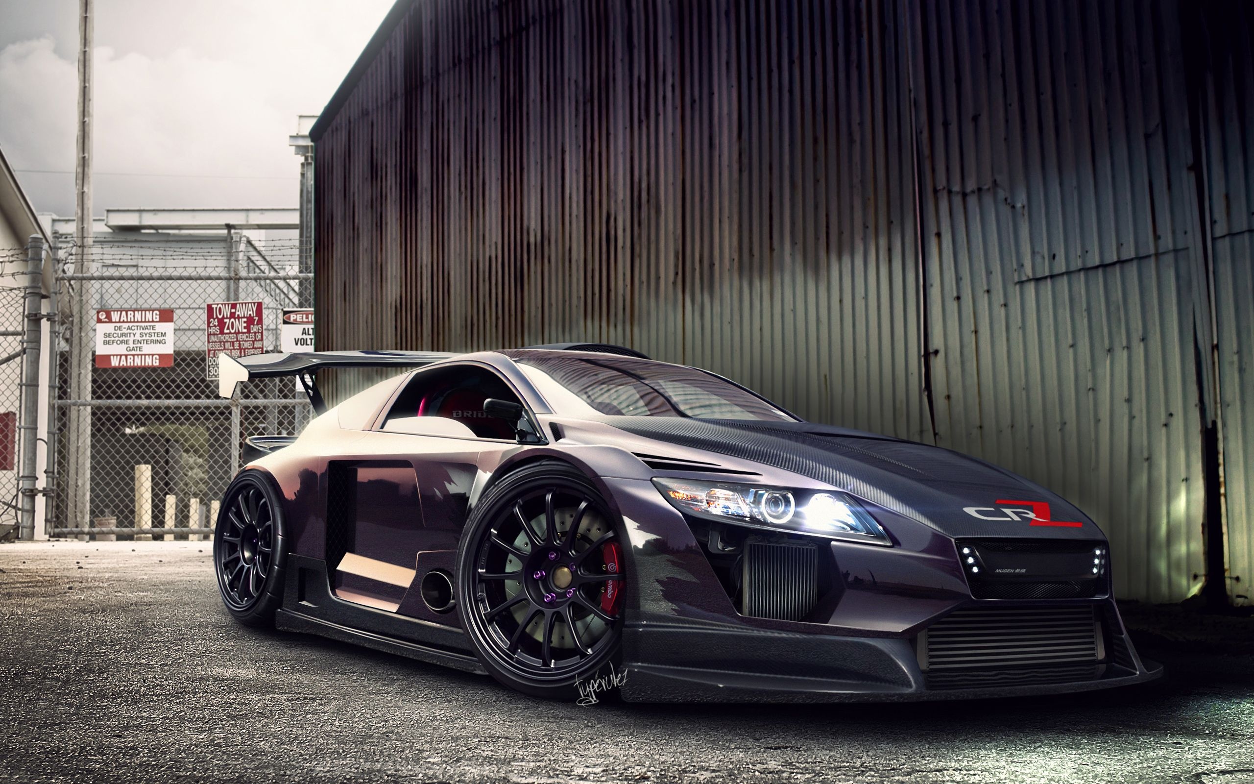 modified Honda CR-Z, corrugated metal warehouse, TOW-AWAY ZONE warning sign, HD Desktop wallpaper