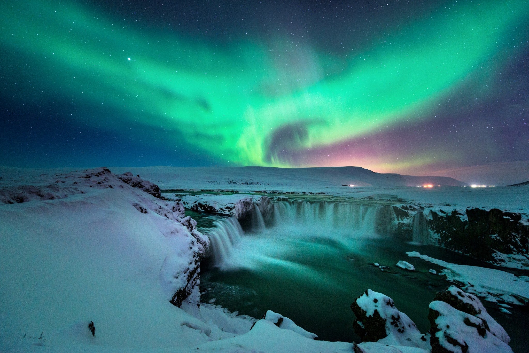 Godafoss waterfall, Green aurora borealis, Snowy river canyon, HD Desktop wallpaper