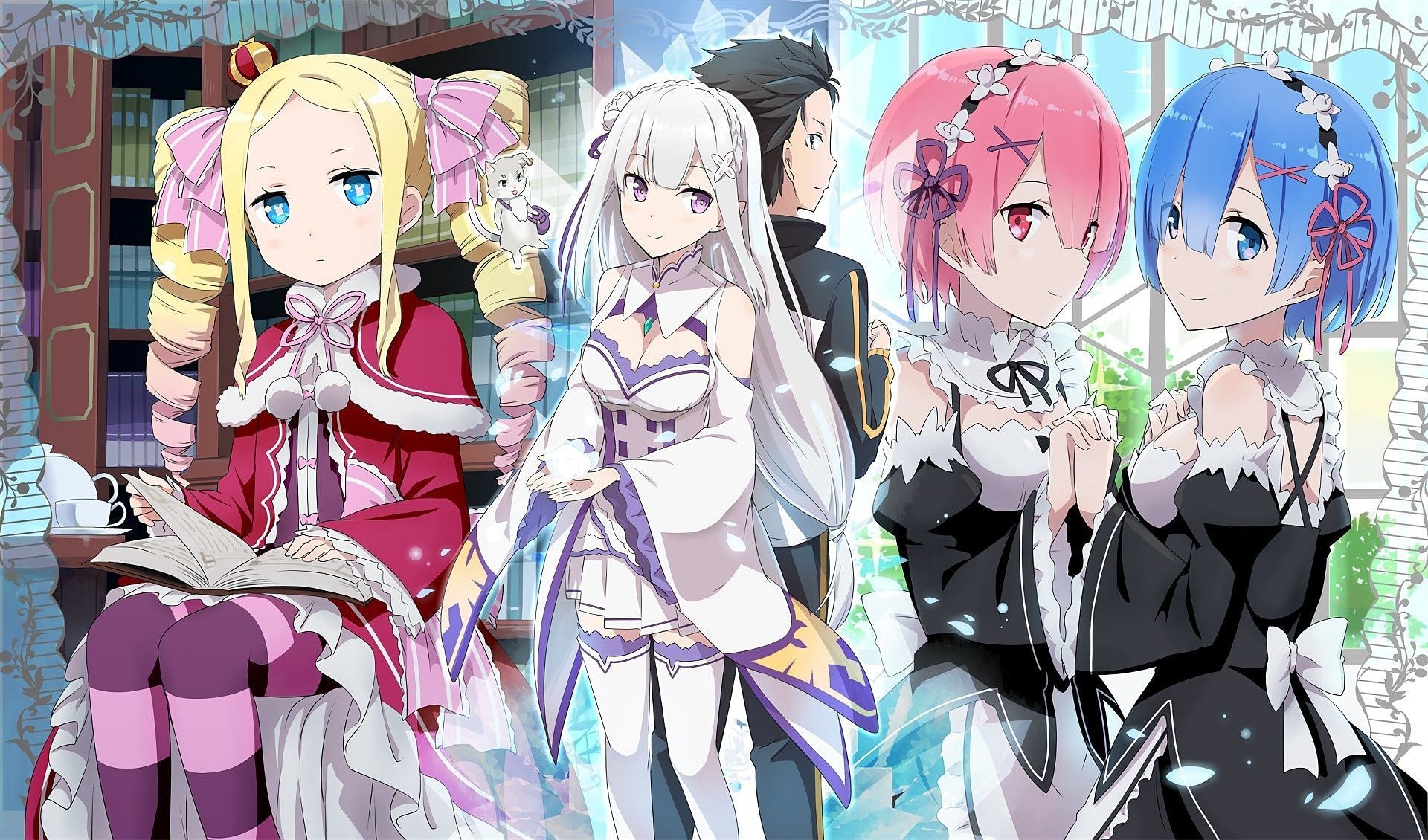 Emilia, Beatrice, Rem and Ram, Subaru Natsuki, Puck, HD Desktop wallpaper