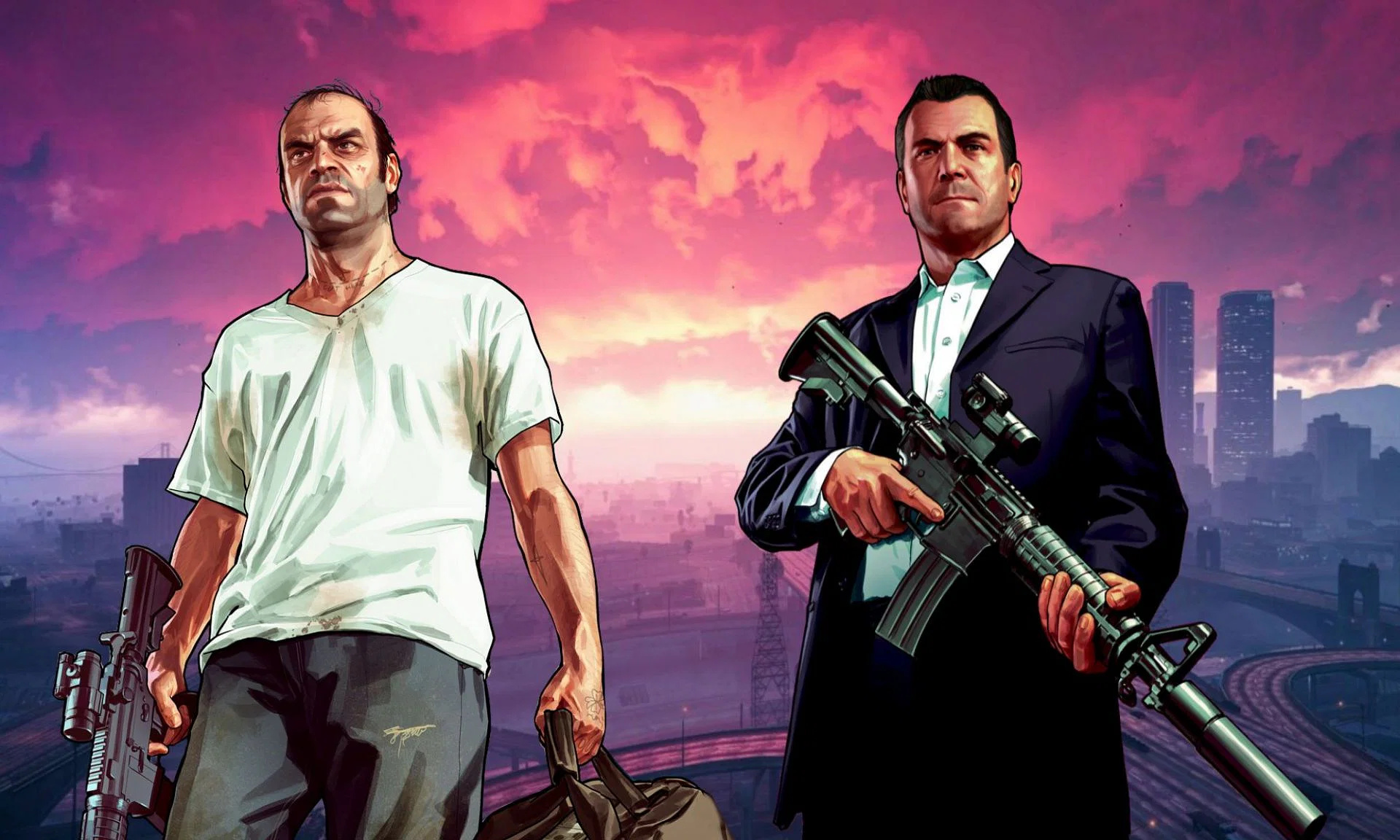 Michael De Santa in navy suit, Trevor Philips in white t-shirt, Carbine rifles, Los Santos skyline at sunset, Grand Theft Auto V artwork, HD Desktop wallpaper