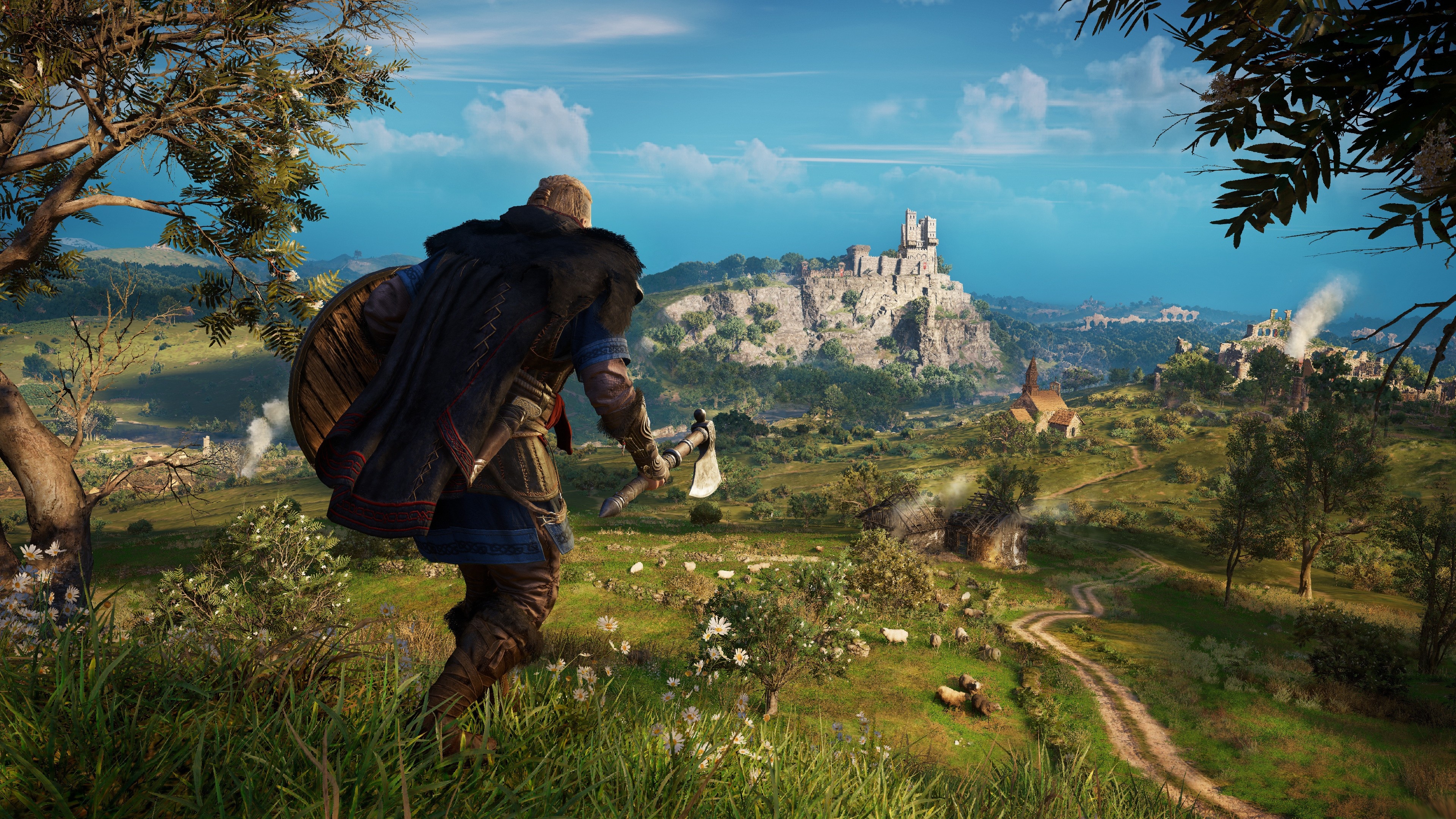 Eivor, Medieval hilltop fortress, Assassin's Creed Valhalla, 4K Desktop wallpaper