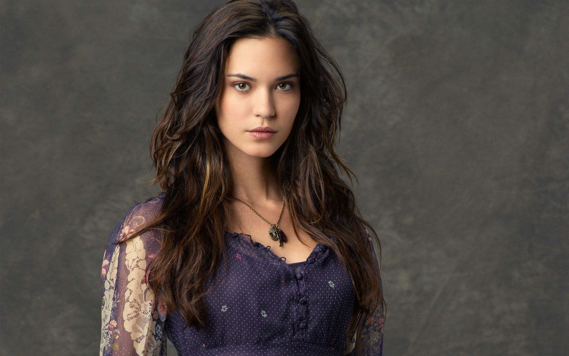 Odette Annable, patterned floral dress, textured grey backdrop, HD Desktop wallpaper