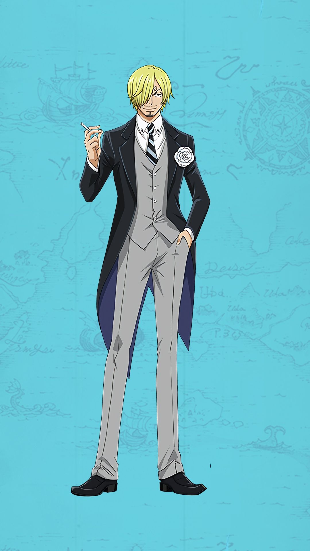 Vinsmoke Sanji, black tailcoat tuxedo, vintage nautical chart, Full HD Phone wallpaper