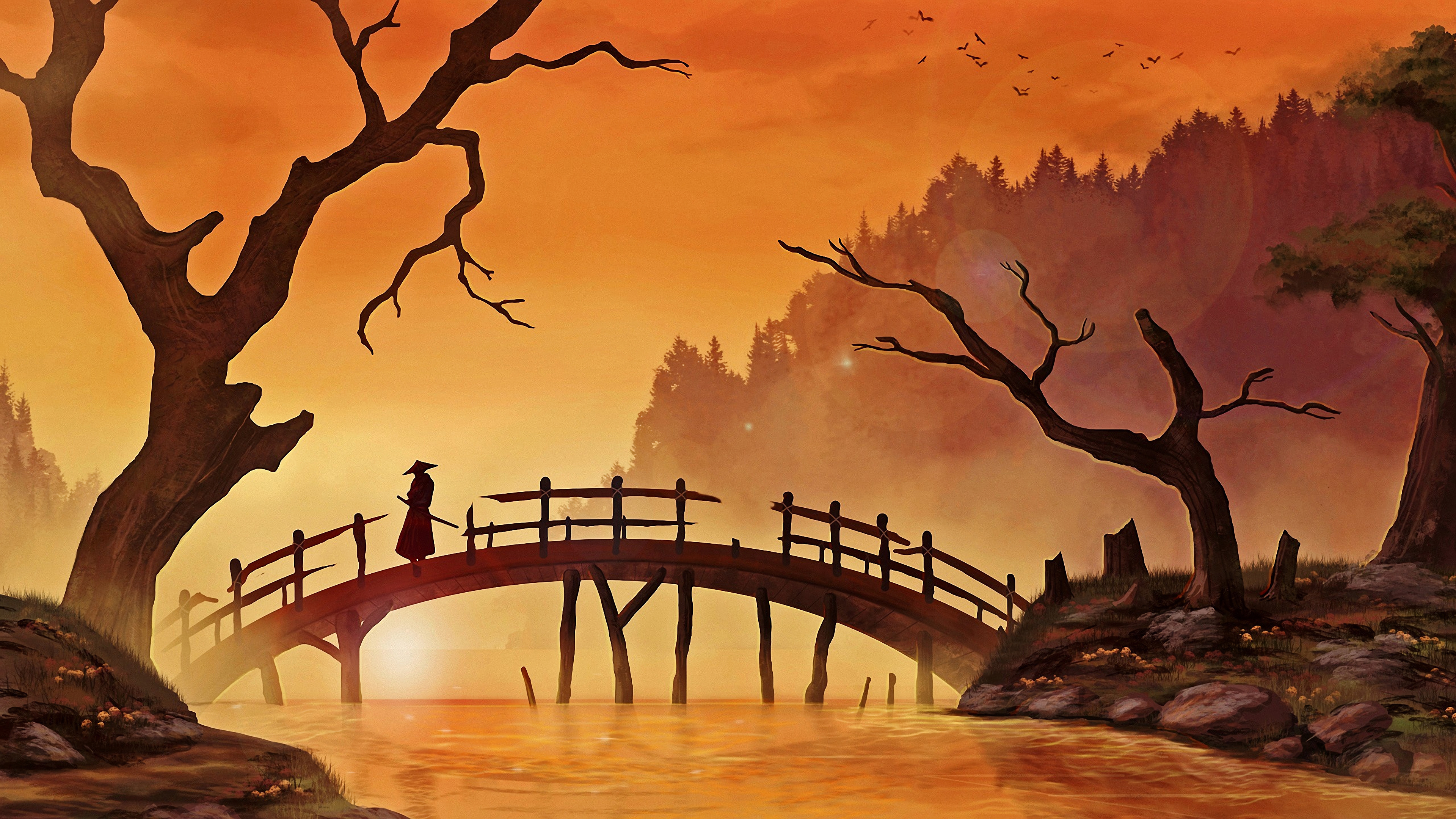 wandering samurai silhouette, arched wooden footbridge, golden sunset river, 4K Desktop wallpaper