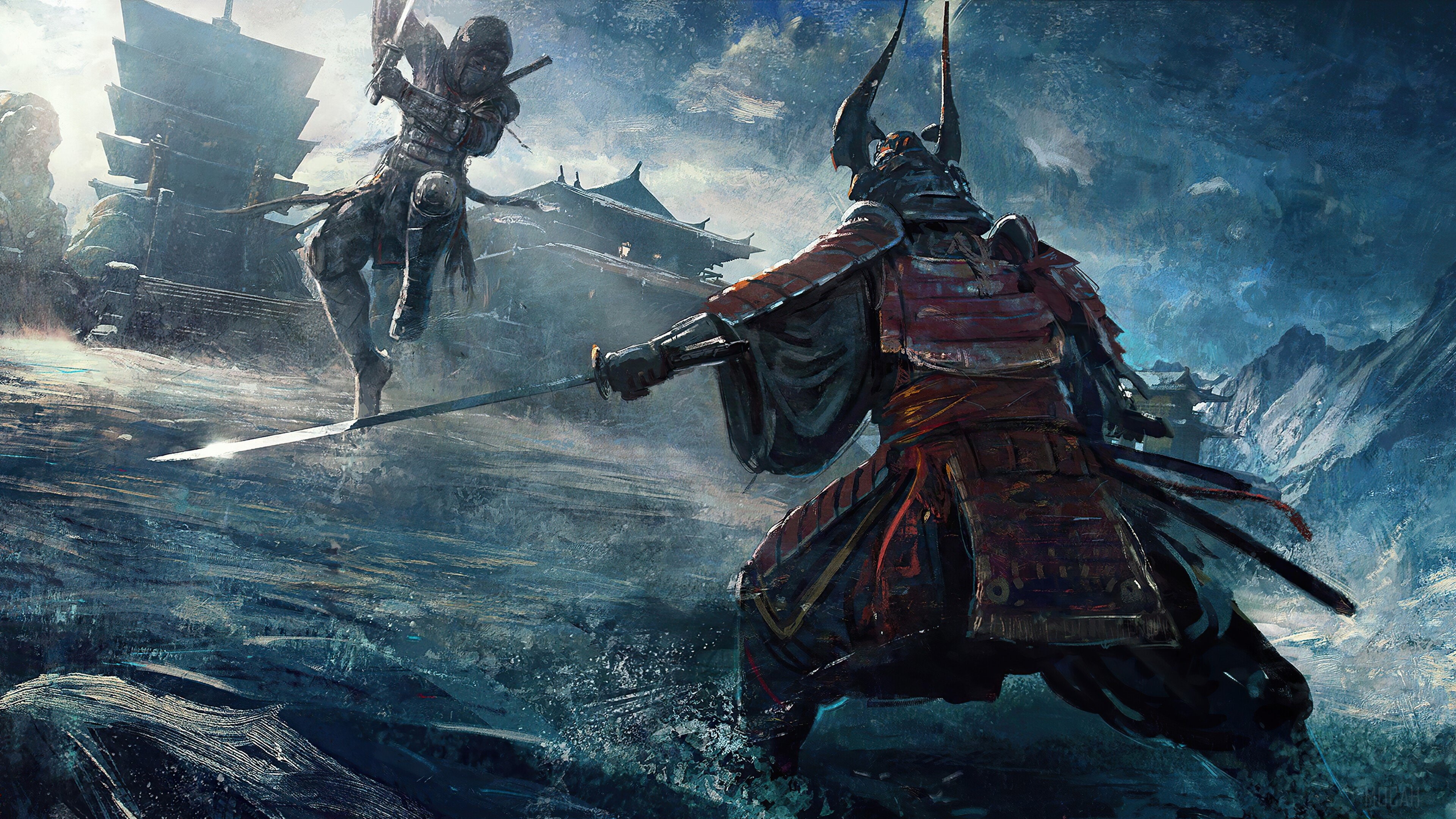 horned helmet samurai, leaping shinobi warrior, snowy Japanese pagoda temple, 4K Desktop wallpaper