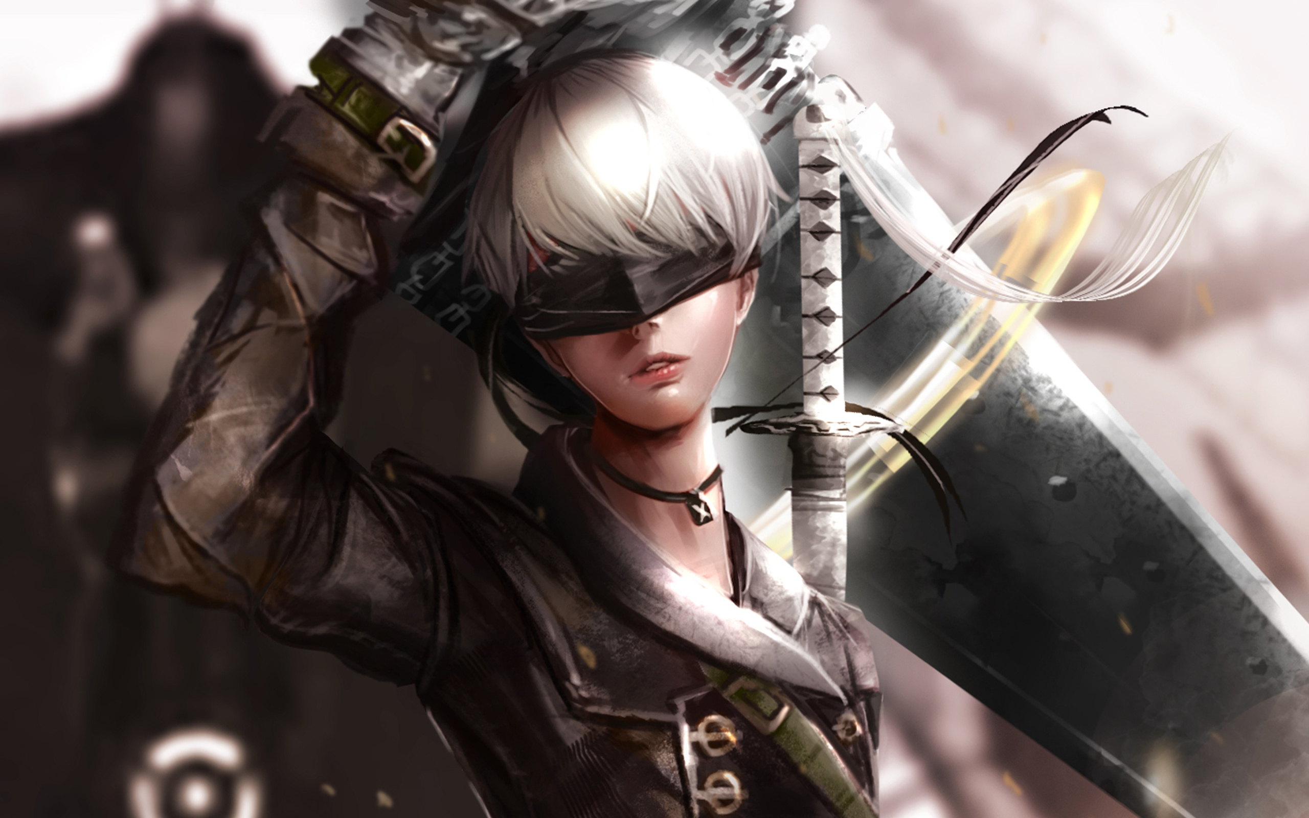 9S NieR:Automata, YoRHa uniform visor, Katana and broadsword, HD Desktop wallpaper