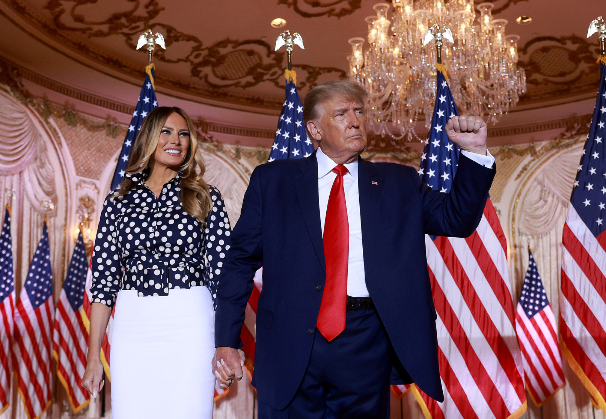 Donald Trump, Melania Trump, American flags, crystal chandelier, HD Desktop wallpaper