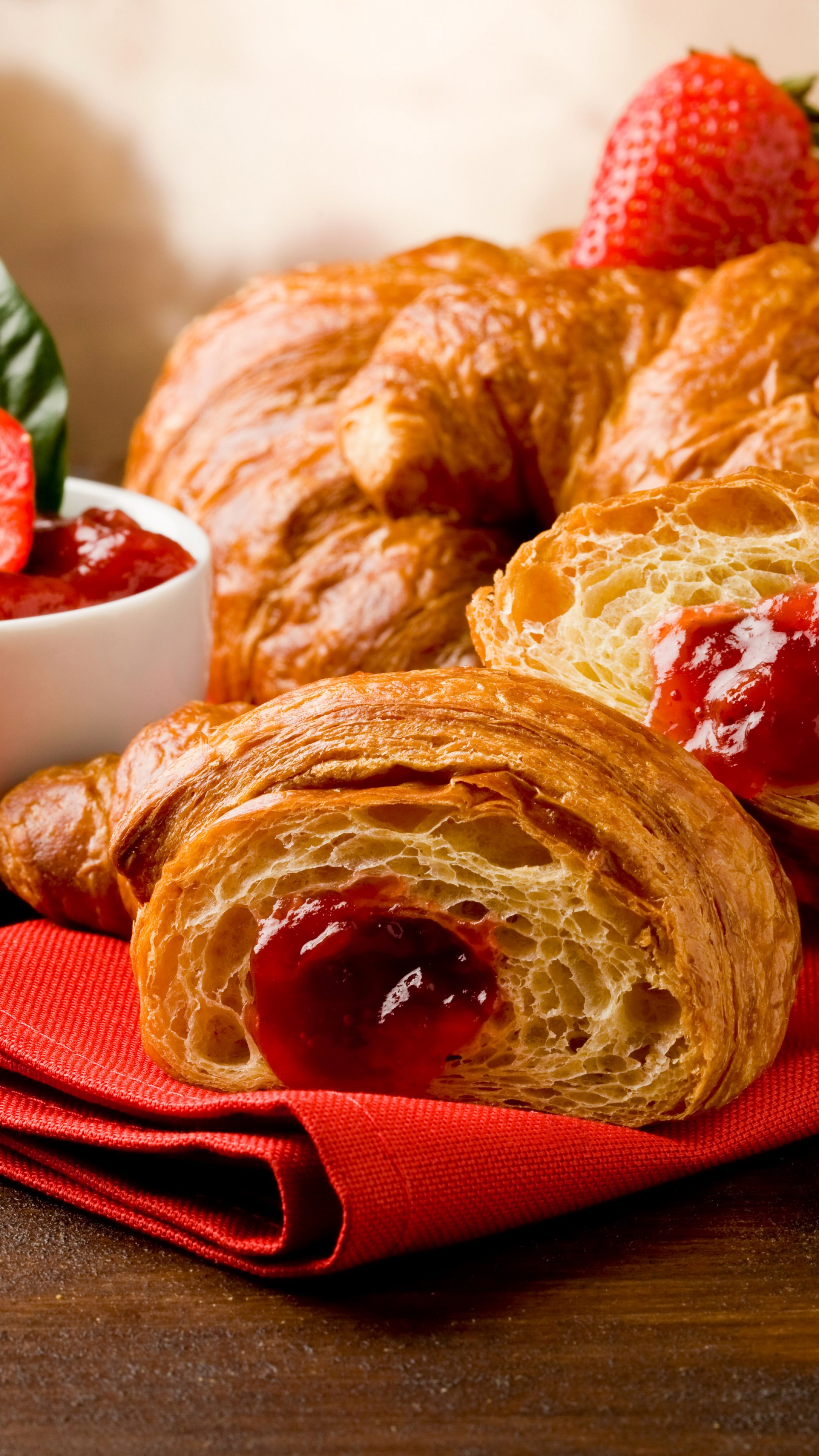 French croissants, Fruit and strawberry jam, Delicious food, Wallpaper, 2160x3840 4K Phone