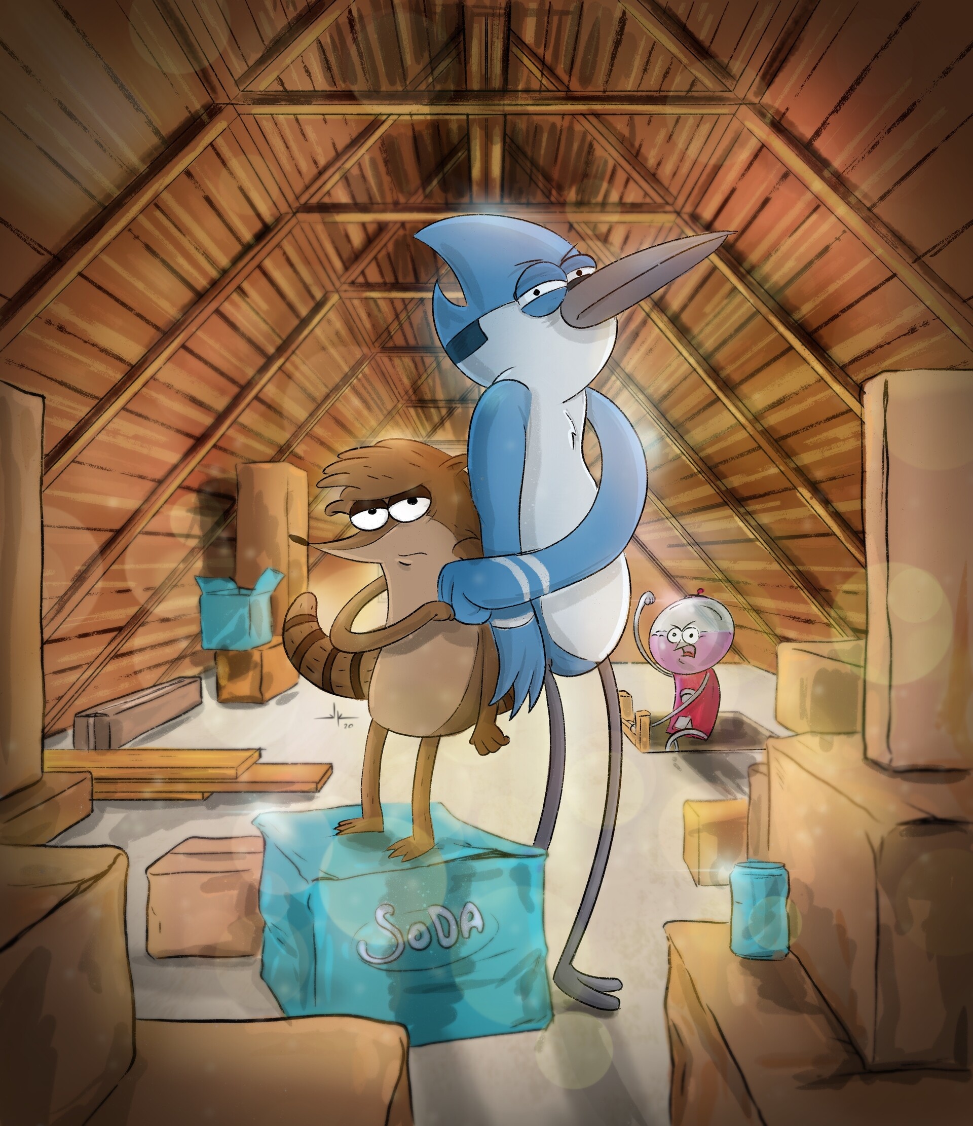 Mordecai in wooden attic, Rigby standing on soda crate, Benson shouting behind them, Warm attic rafters, Regular Show, HD Phone wallpaper