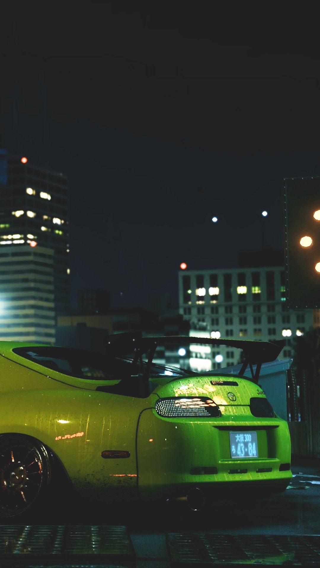 modified Toyota Supra A80, aftermarket GT wing spoiler, illuminated night cityscape, Full HD Phone wallpaper