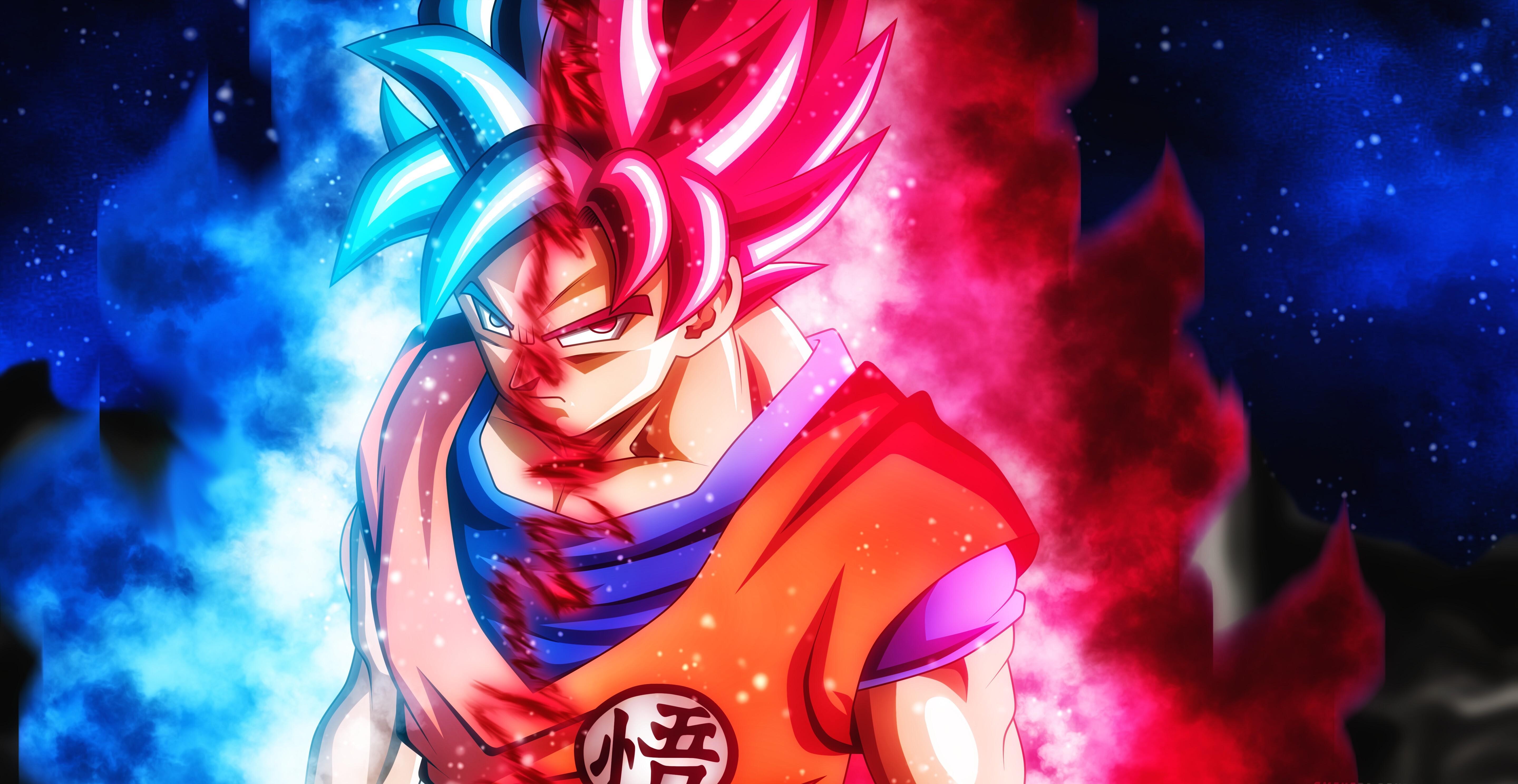 Goku, Super Saiyan Blue, Kaio-ken, Split blue and crimson aura, Go kanji gi, Dragon Ball Super, 4K Desktop wallpaper