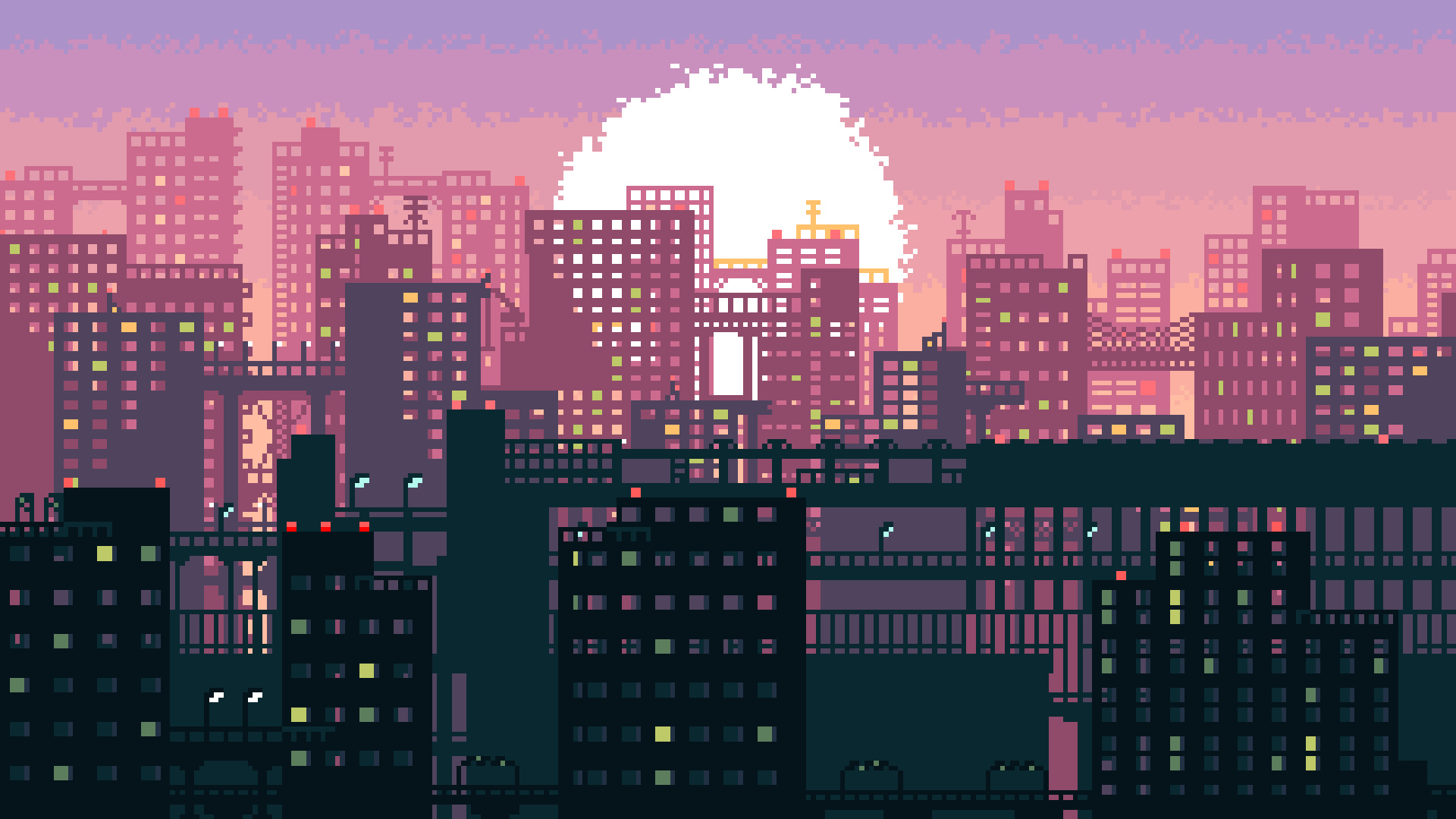 pixel art city skyline, pixelated setting sun, elevated highway overpass, Full HD Desktop wallpaper