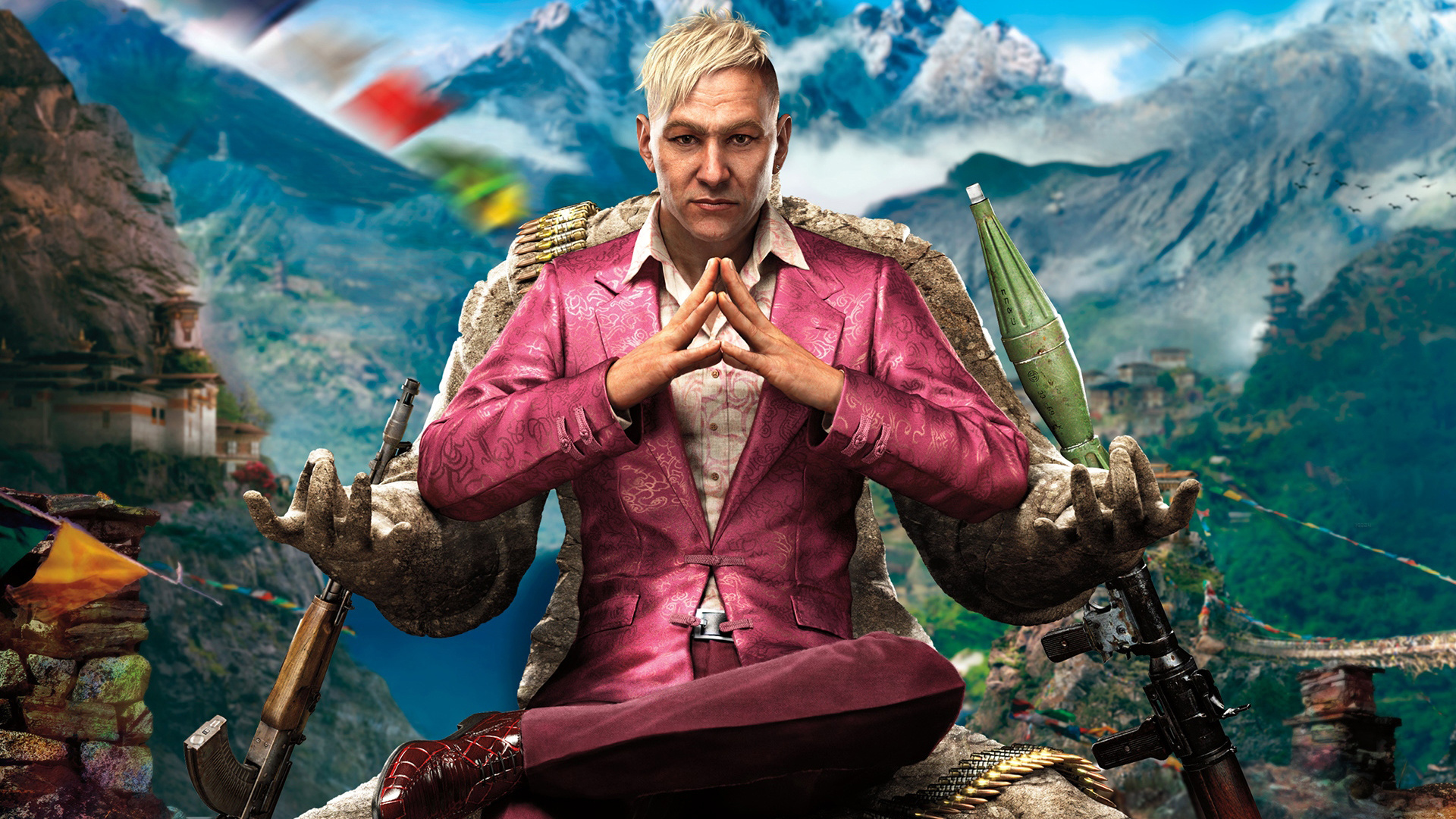 Pagan Min, Far Cry 4 Kyrat mountains, Pink silk suit, Full HD Desktop wallpaper