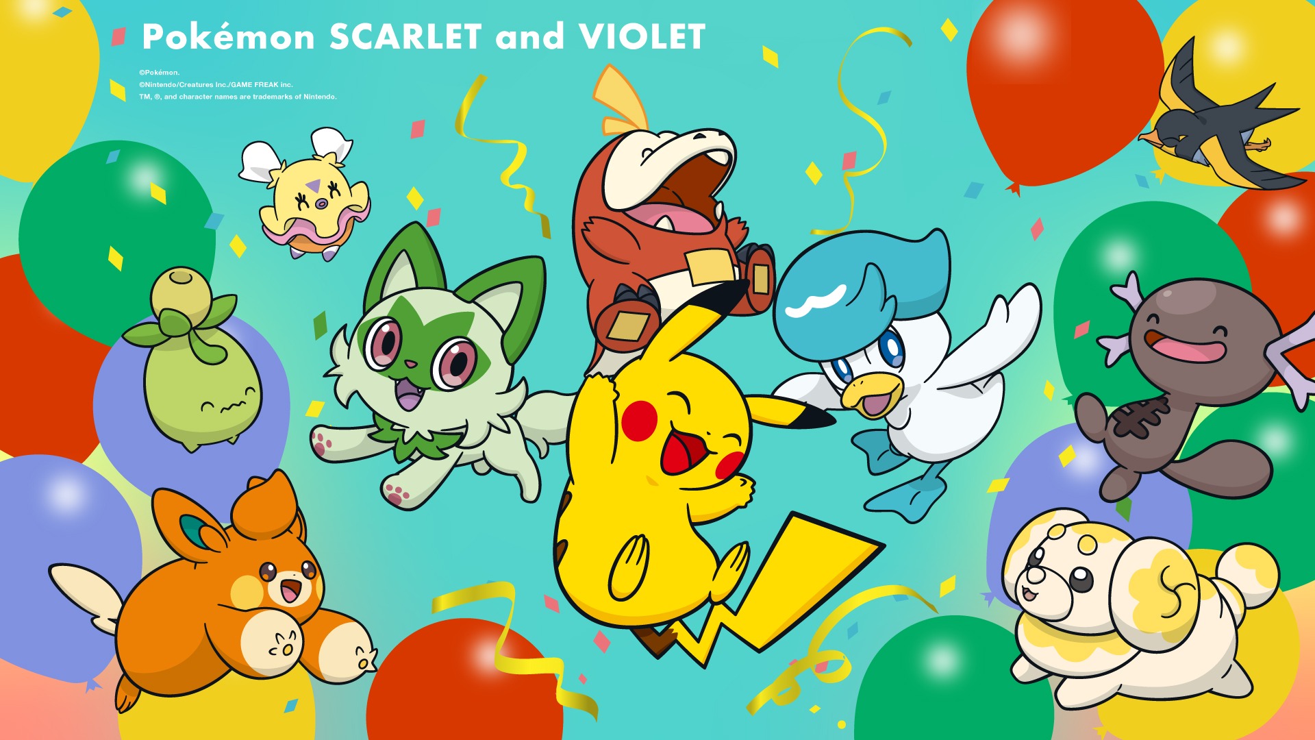 Pikachu, Sprigatito, Fuecoco, Quaxly, Pawmi, Fidough, Smoliv, Paldean Wooper, Wattrel, Flittle, Pokemon Scarlet and Violet, Balloons and confetti, Full HD Desktop wallpaper