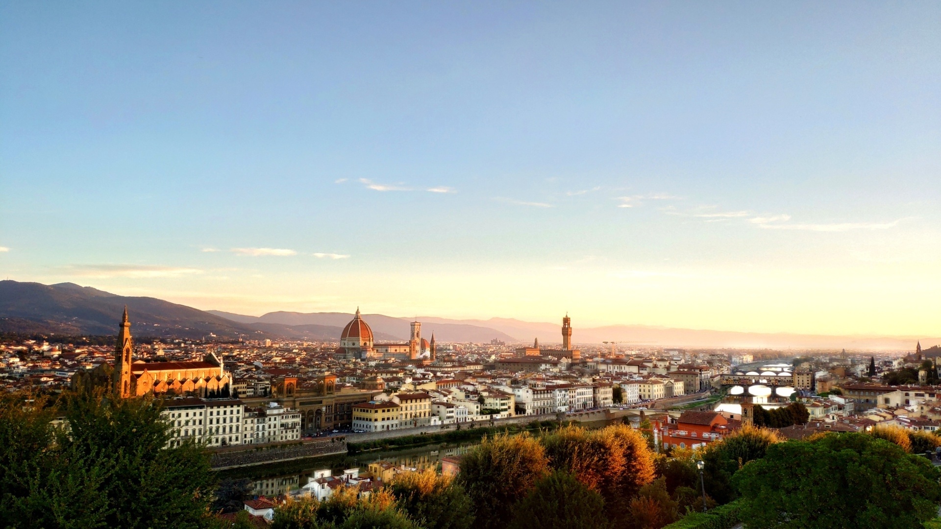 Architecture dome cathedral, Cityscape sunlight river, Tuscany historical Italy, 1920x1080 Full HD Desktop