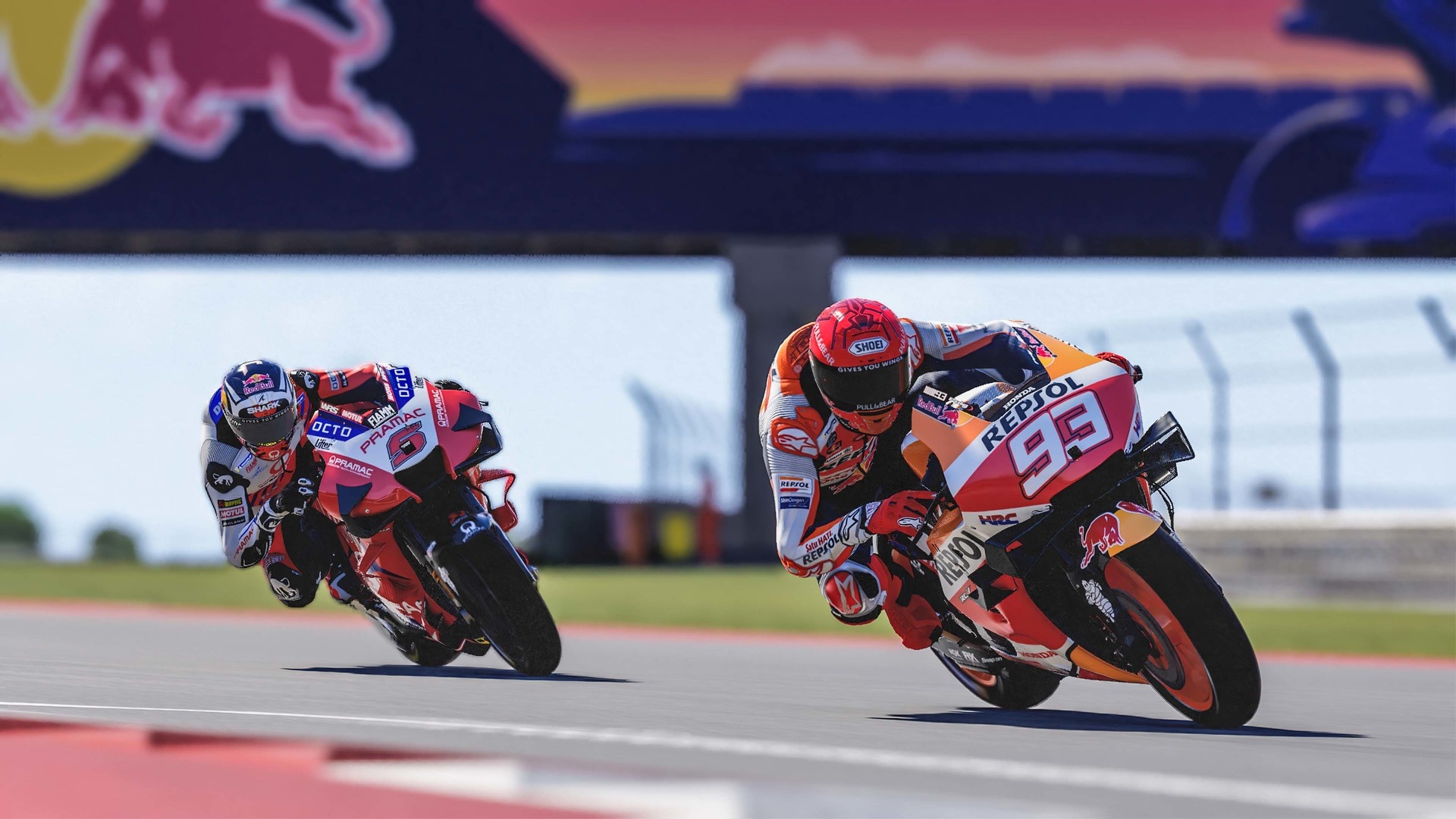 Marc Márquez Honda RC213V, Pramac Racing Ducati, Red Bull track signage, Full HD Desktop wallpaper